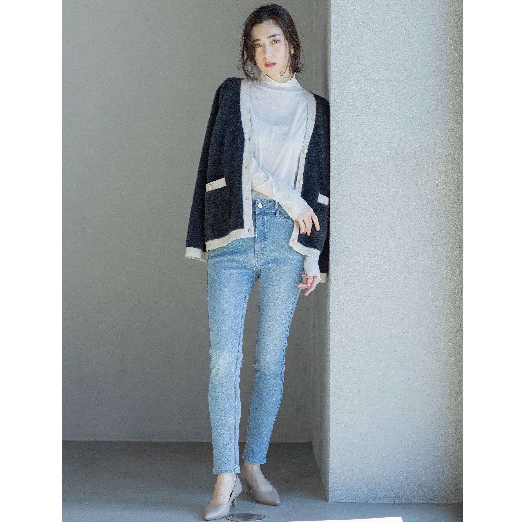 OPAQUE.CLIP「フェザーヤーン配色Vネックカーディガン【洗濯機洗い可】」|カーディガン|