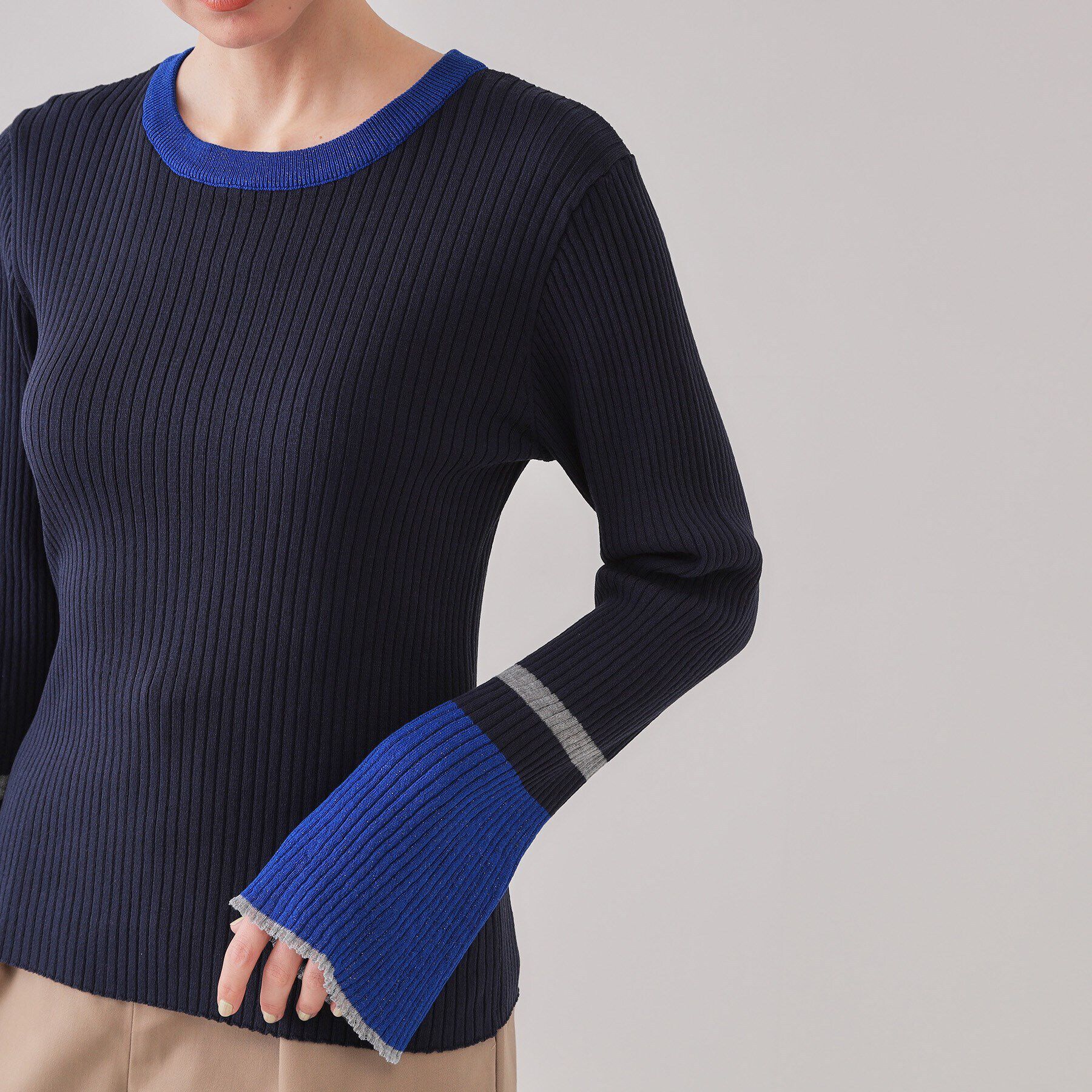 OPAQUE.CLIP「配色フレアスリーブワイドリブニット【洗濯機洗い可】」|ニット・セーター|