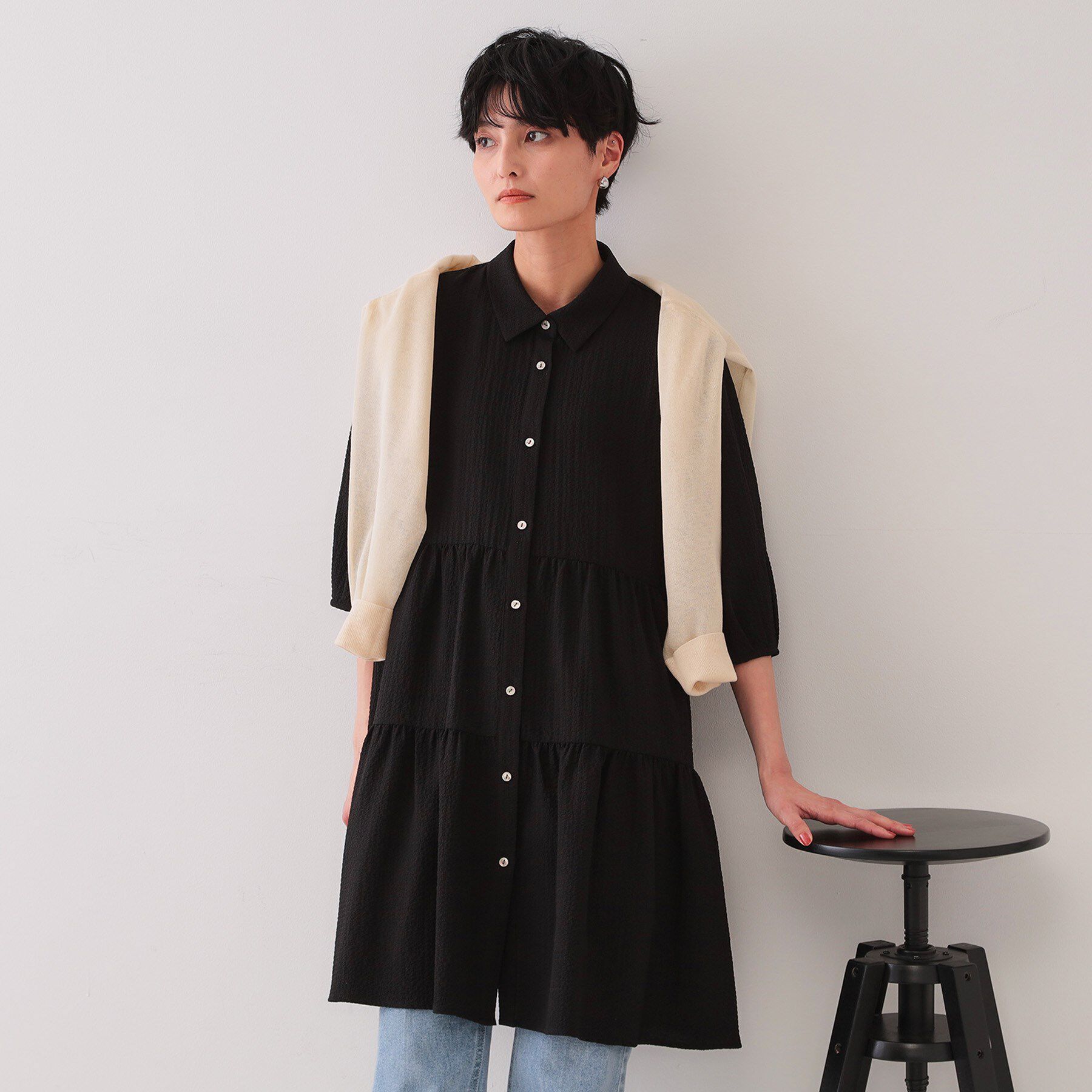 OPAQUE.CLIP「ふくれジャカードティアードチュニックブラウス【洗濯機洗い可】」|シャツ・ブラウス|ブラック(019)