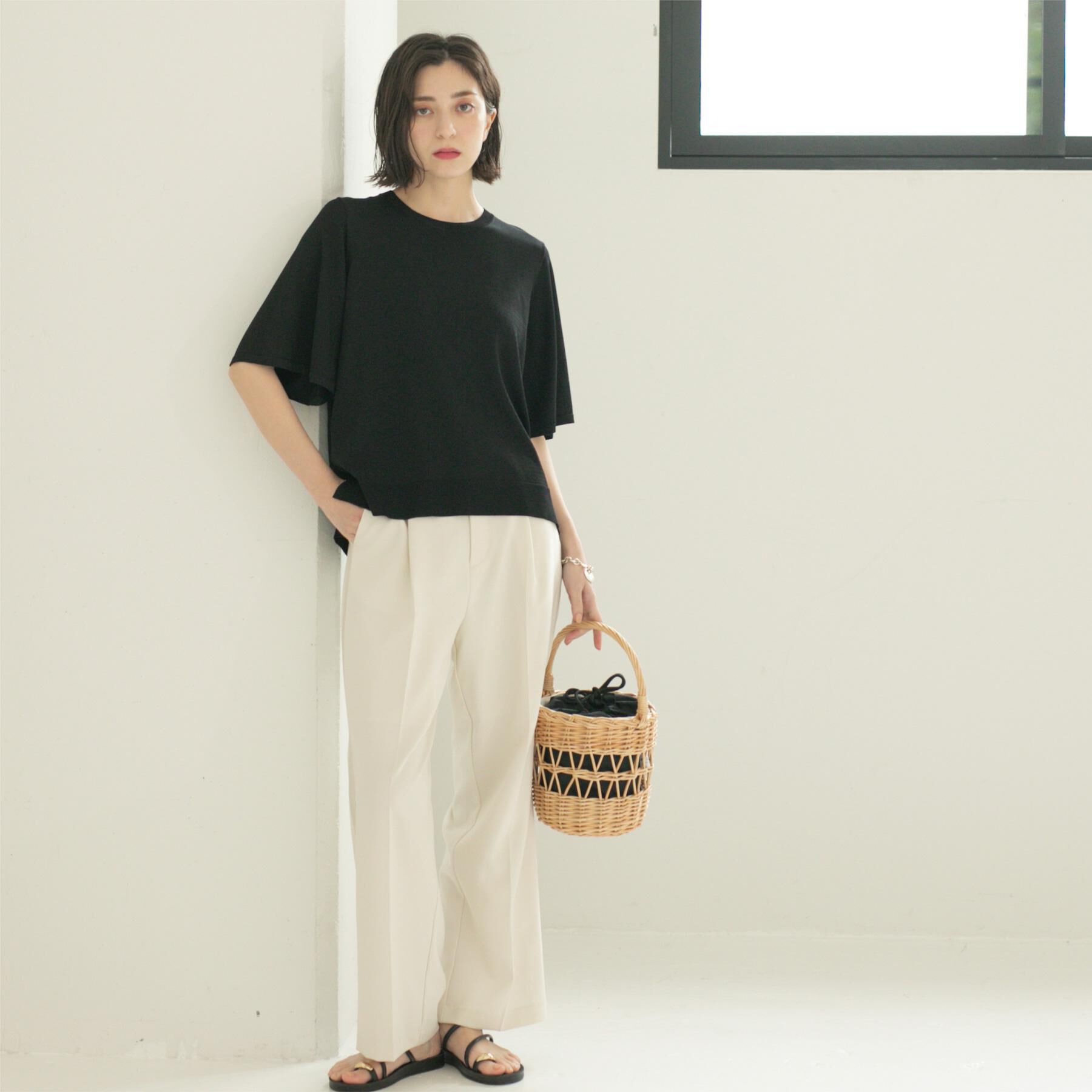 OPAQUE.CLIP「《6色展開/S-LLサイズ》フレアスリーブニット【UV/接触冷感/抗ピル/洗濯機洗い可】」|ニット・セーター|