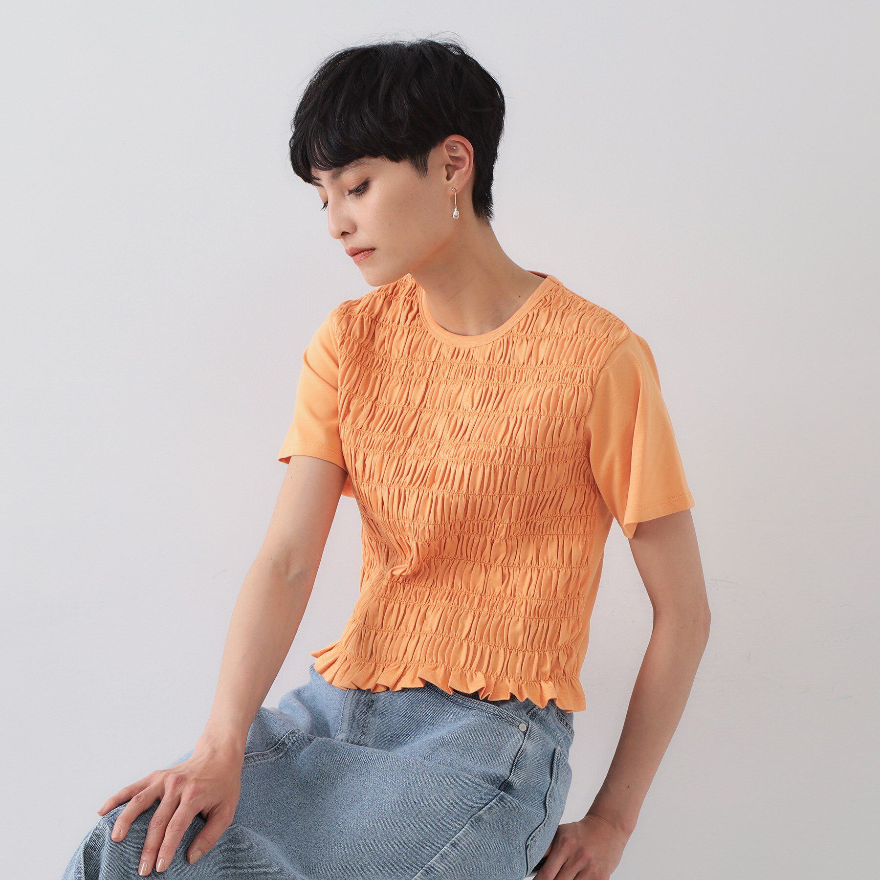 OPAQUE.CLIP「シャーリングショートTシャツ【洗濯機洗い可】」|Tシャツ・カットソー|