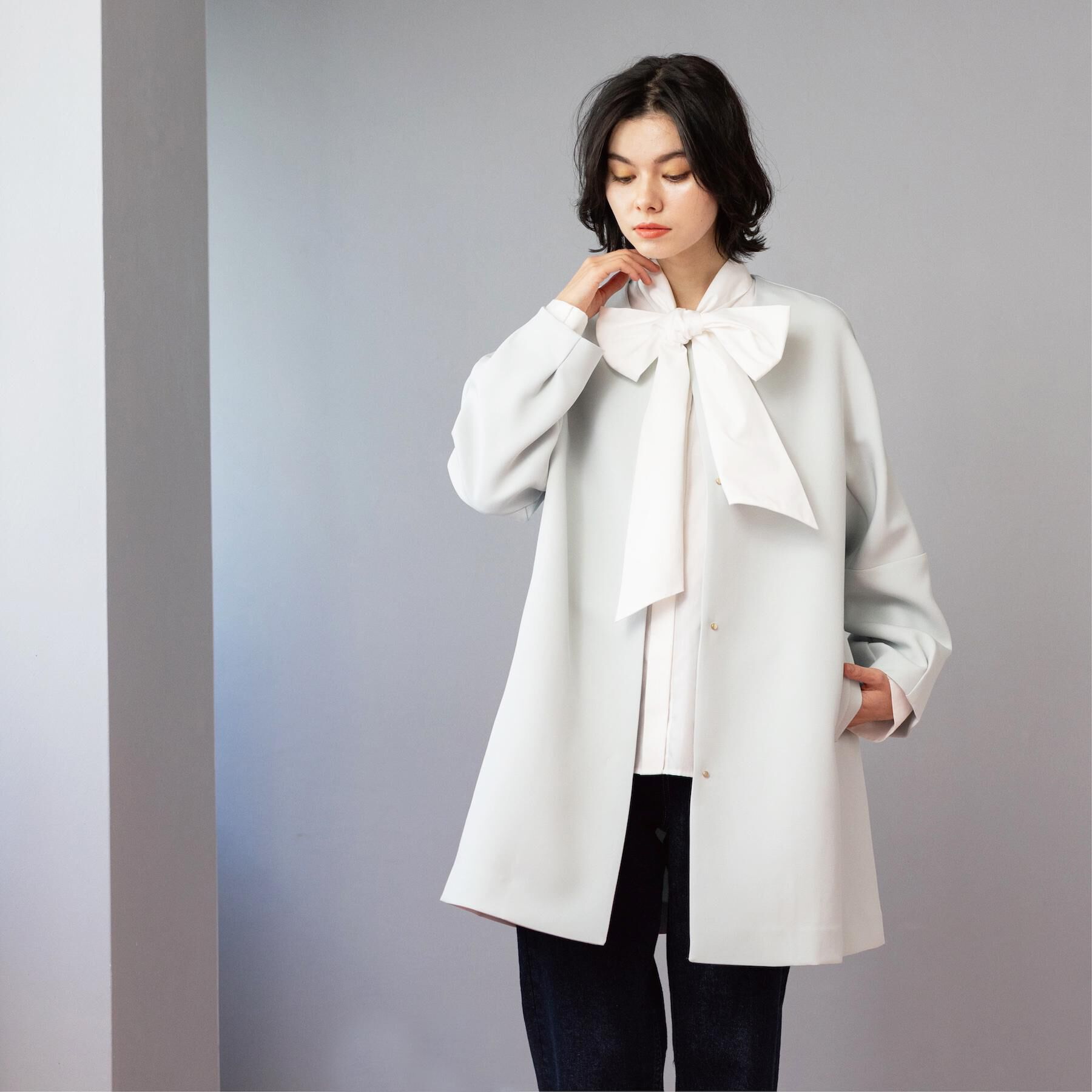 OPAQUE.CLIP「フォルムスリーブミドルコート【洗濯機OK】」|ノーカラーコート|