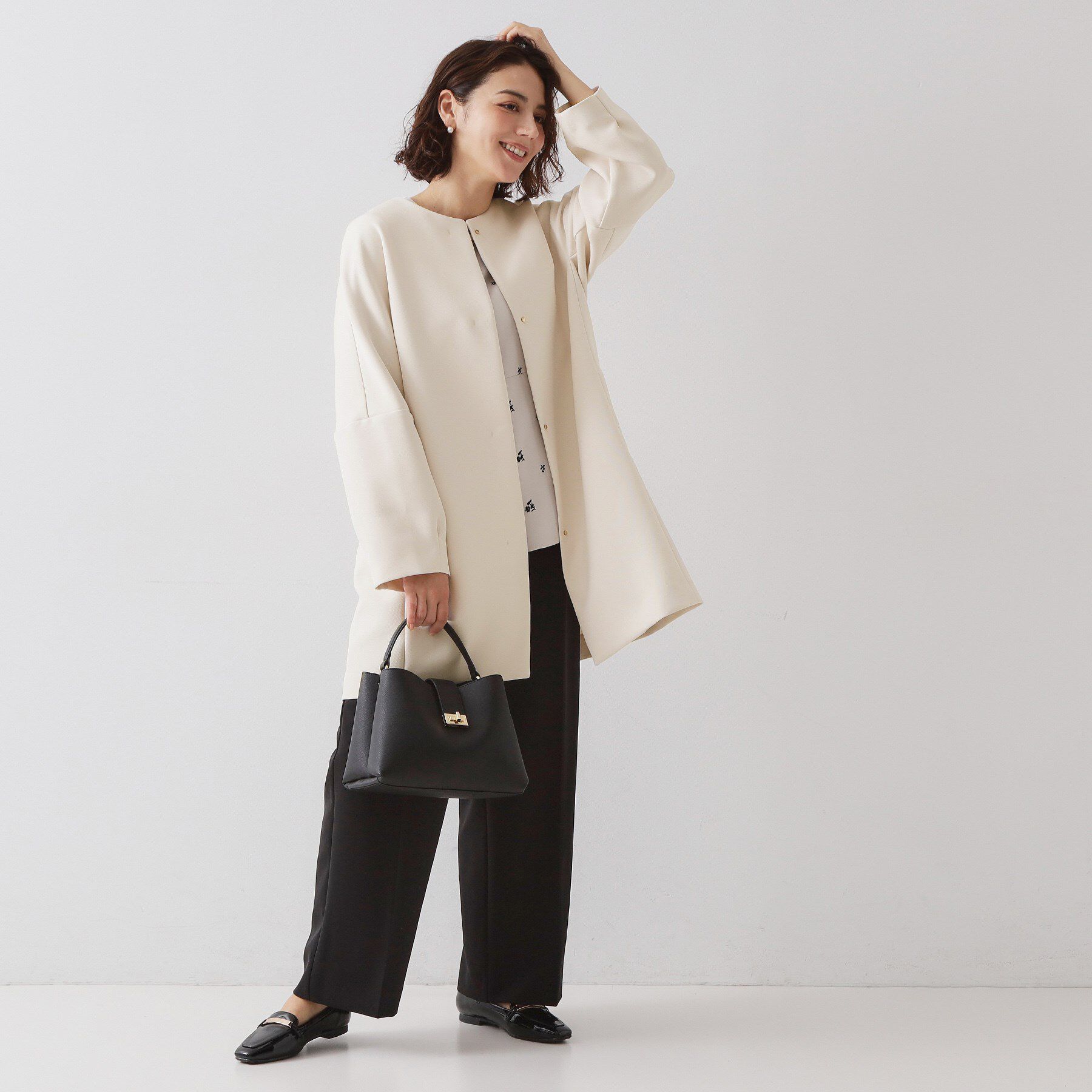 OPAQUE.CLIP「フォルムスリーブミドルコート【洗濯機OK】」|ノーカラーコート|