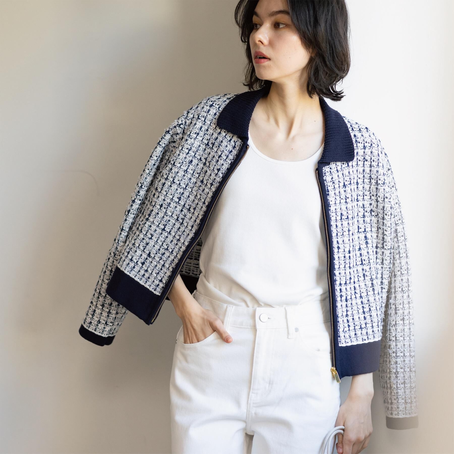 OPAQUE.CLIP「ツイードライクZIPニットカーディガン」|カーディガン|ネイビー(494)