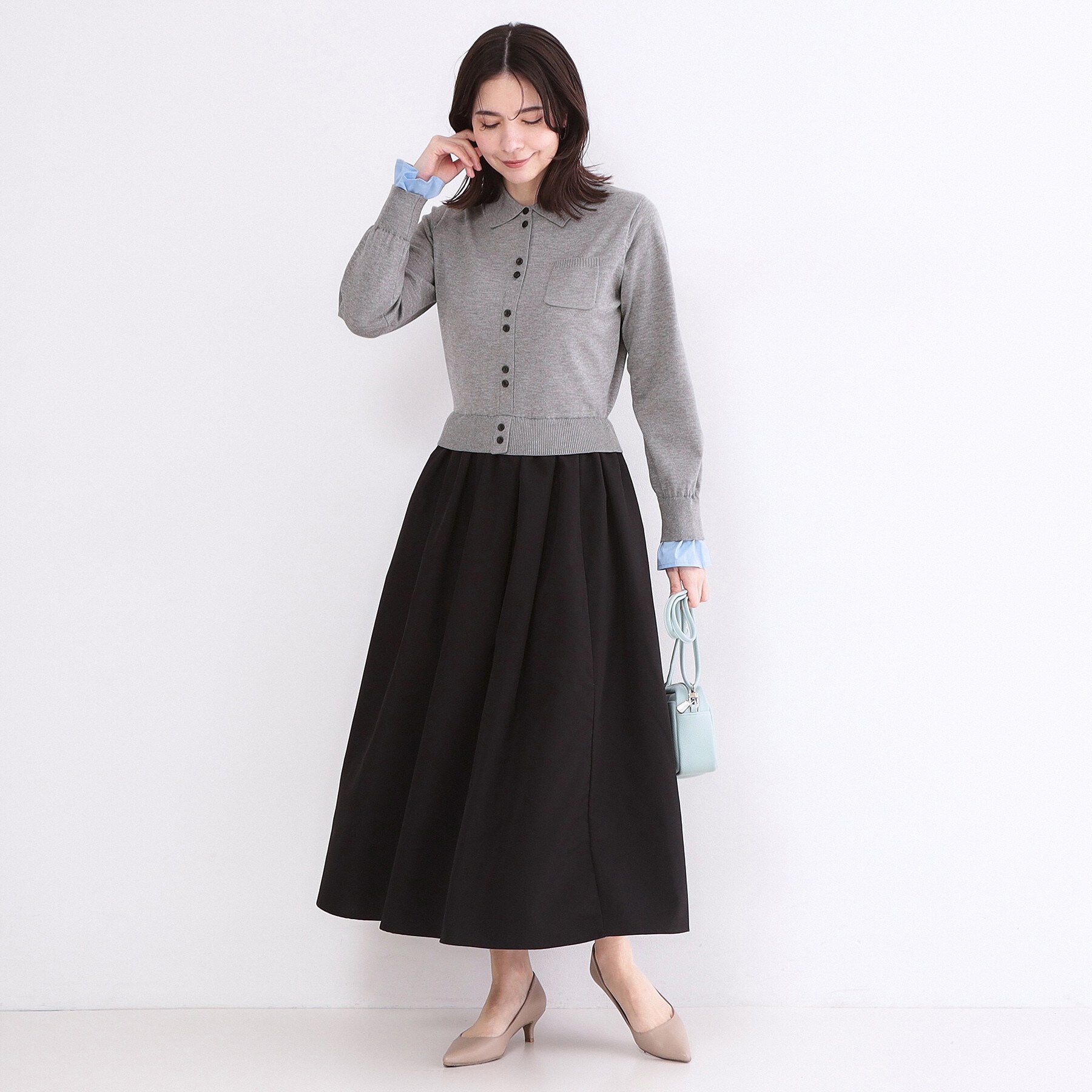 OPAQUE.CLIP「ポロ襟ニットドッキングフレアワンピース【洗濯機OK】」|ワンピース|グレー(512)