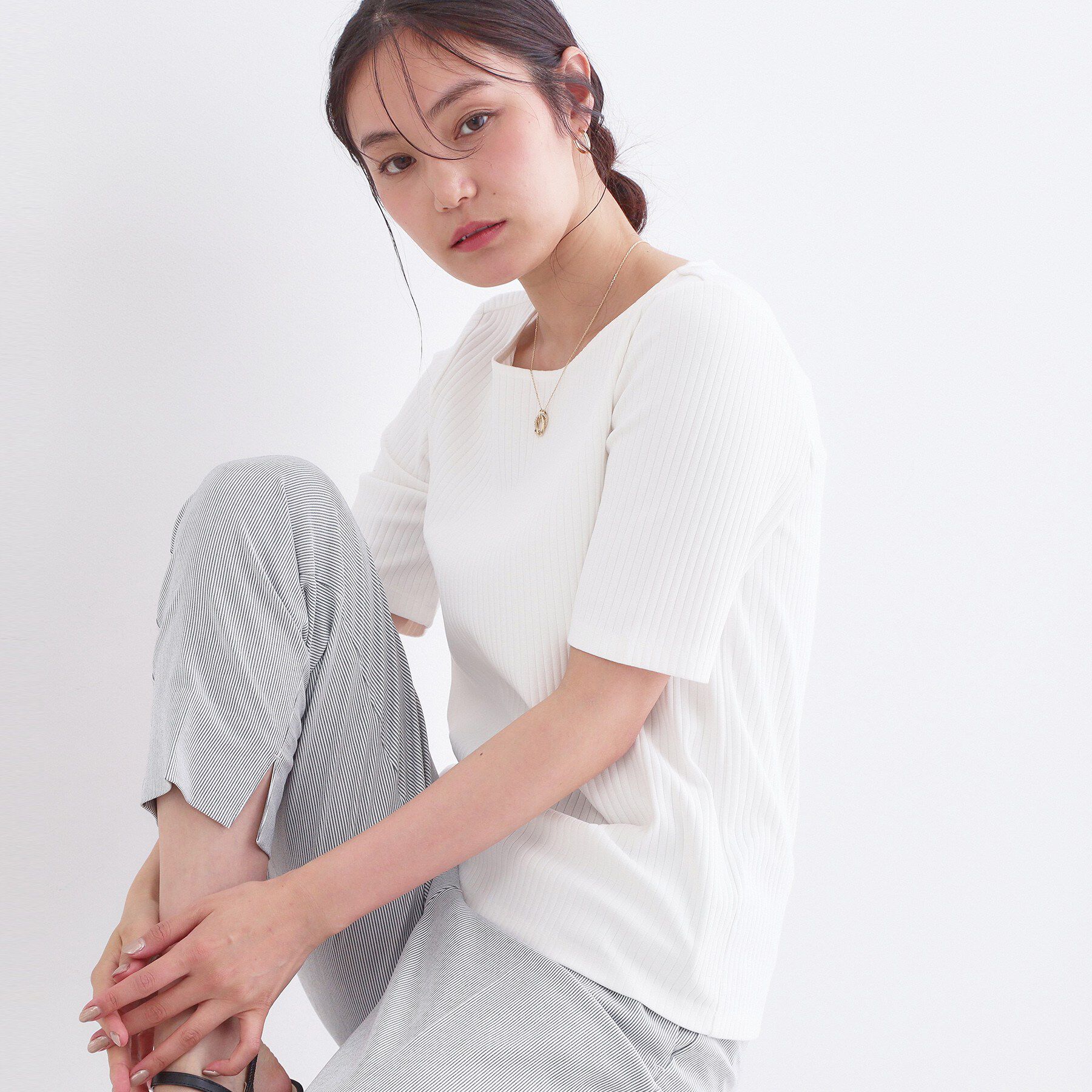 OPAQUE.CLIP「ベーシックリブボートネックカットソー【洗濯機OK】」|Tシャツ・カットソー|ホワイト(001)