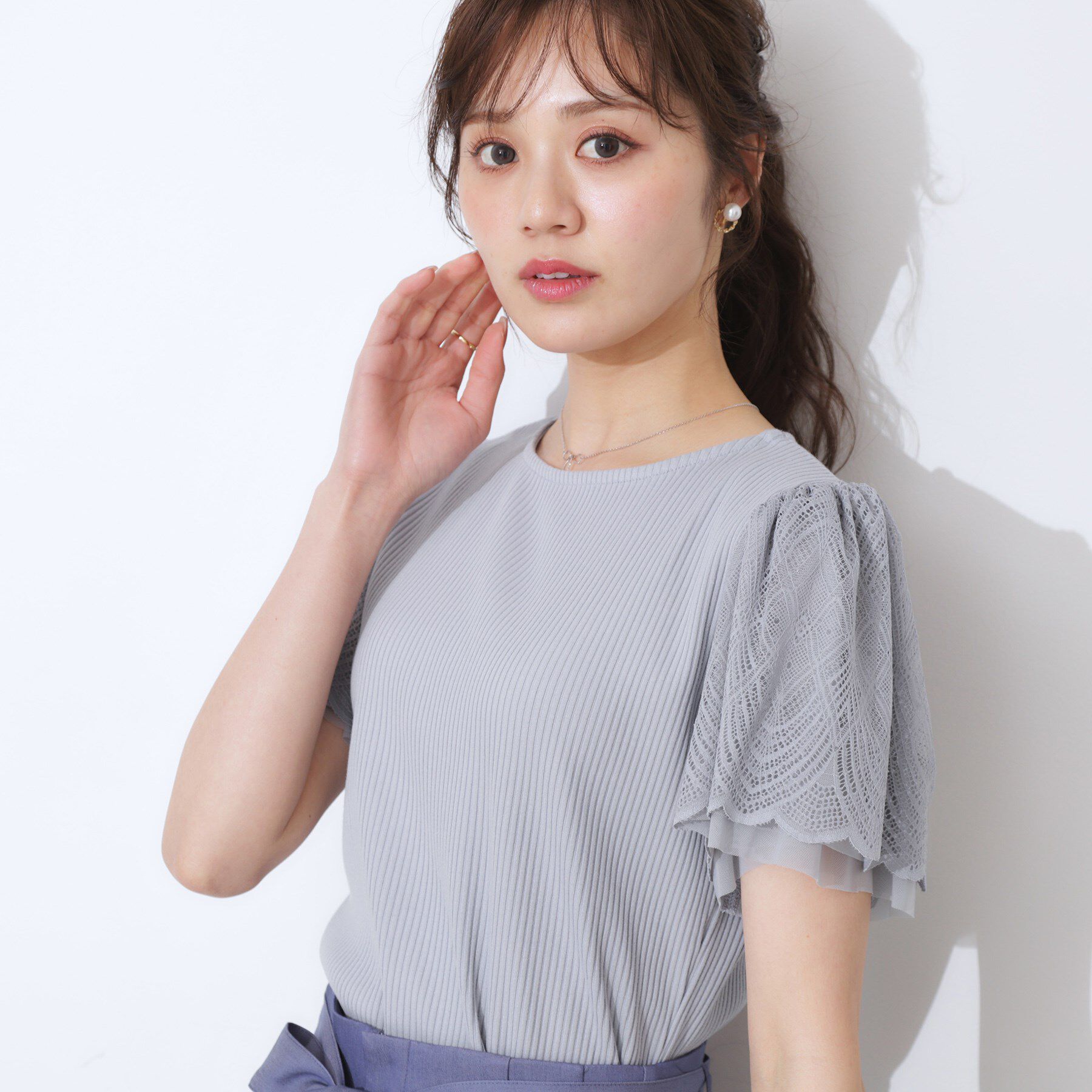 Couture broach「【二の腕カバー・通勤】レース袖テレコトップス」|Tシャツ・カットソー|