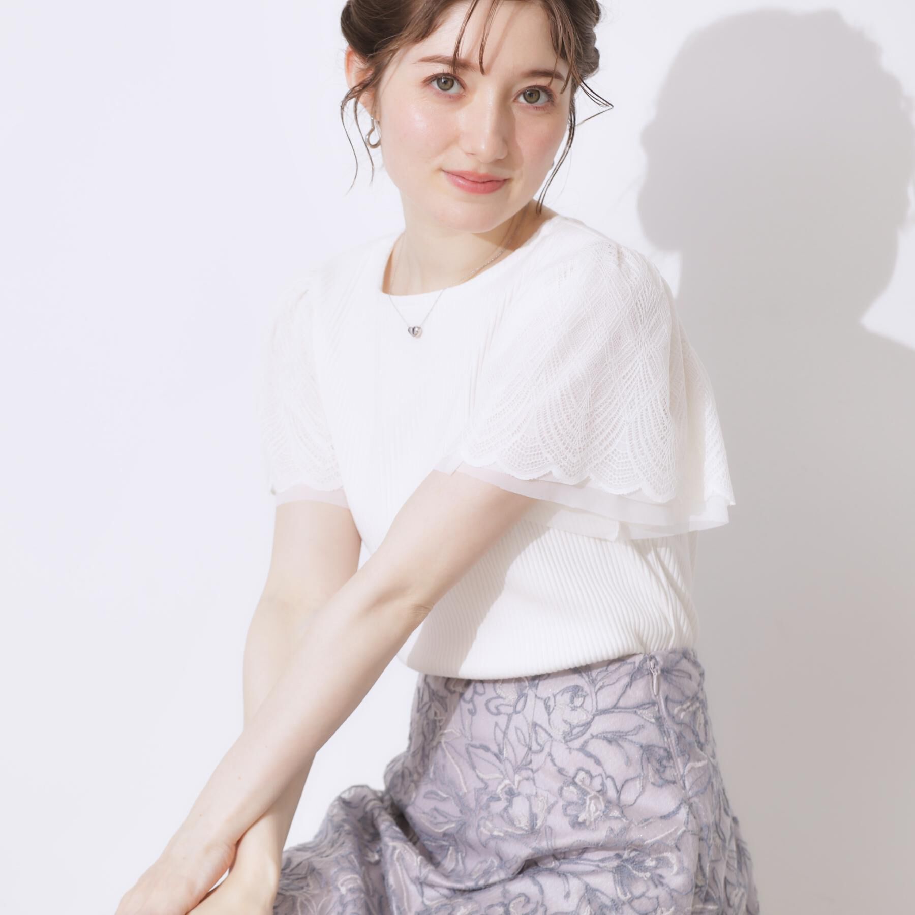 Couture broach「【二の腕カバー・通勤】レース袖テレコトップス」|Tシャツ・カットソー|