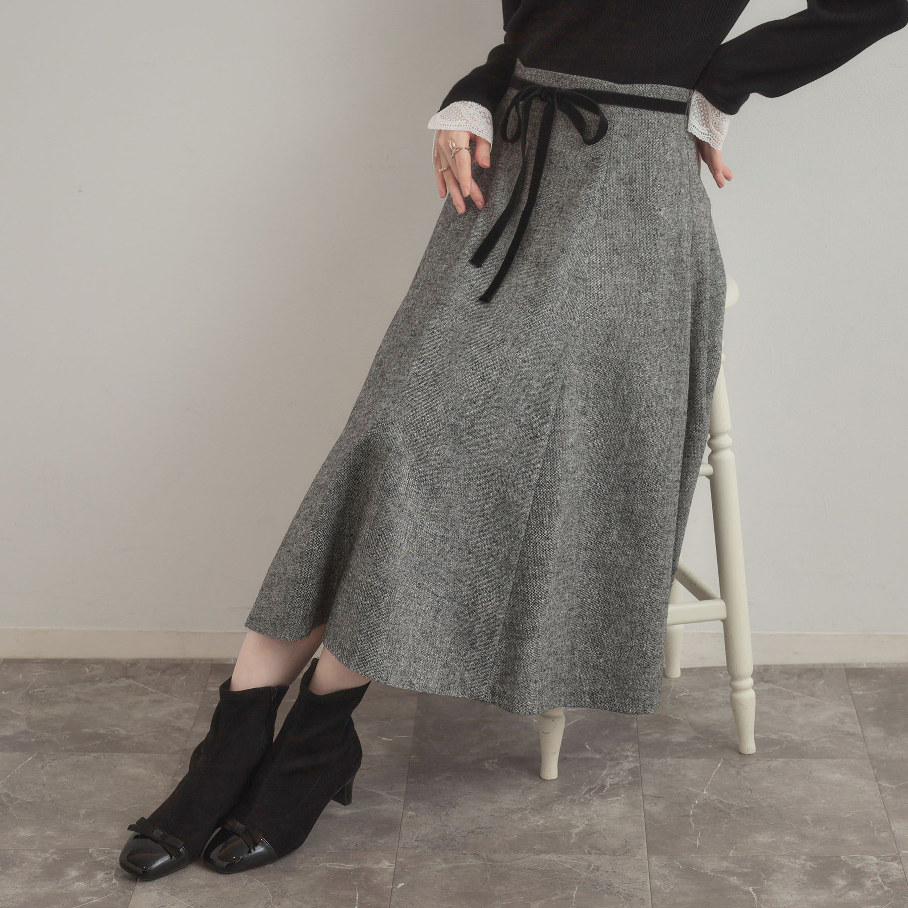 Couture broach「【通勤・大人上品】ラメツイード フレアスカート」|スカート|ブラック(019)