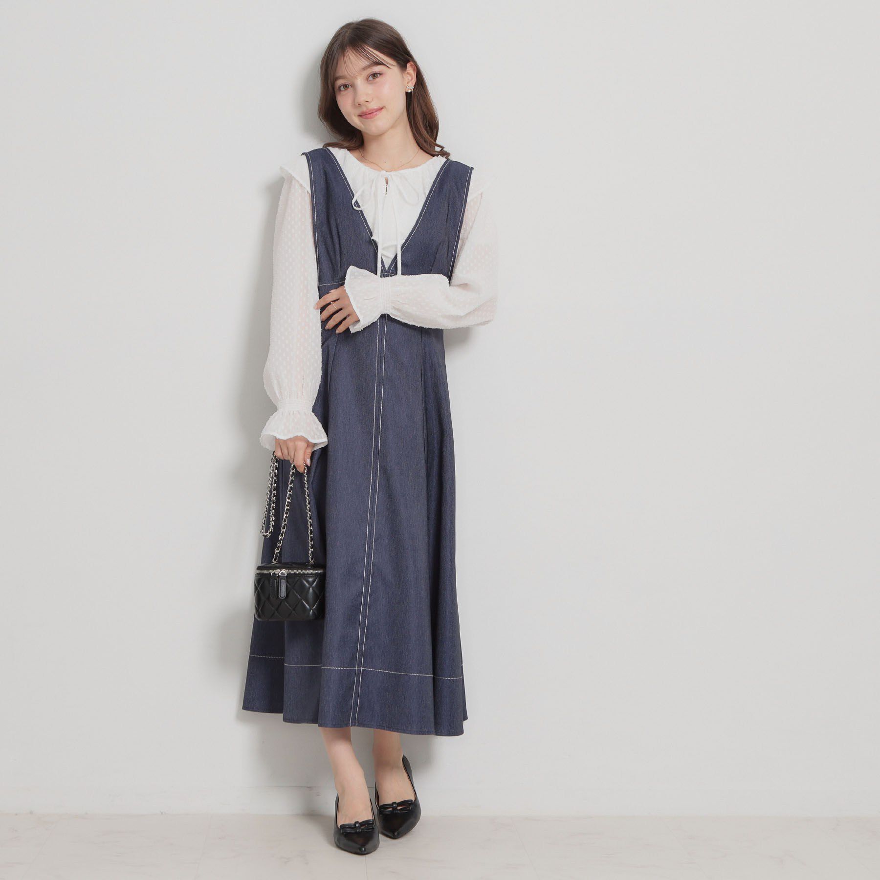 Couture broach「【洗える】デニムライク細リボンジャンスカ」|ワンピース|
