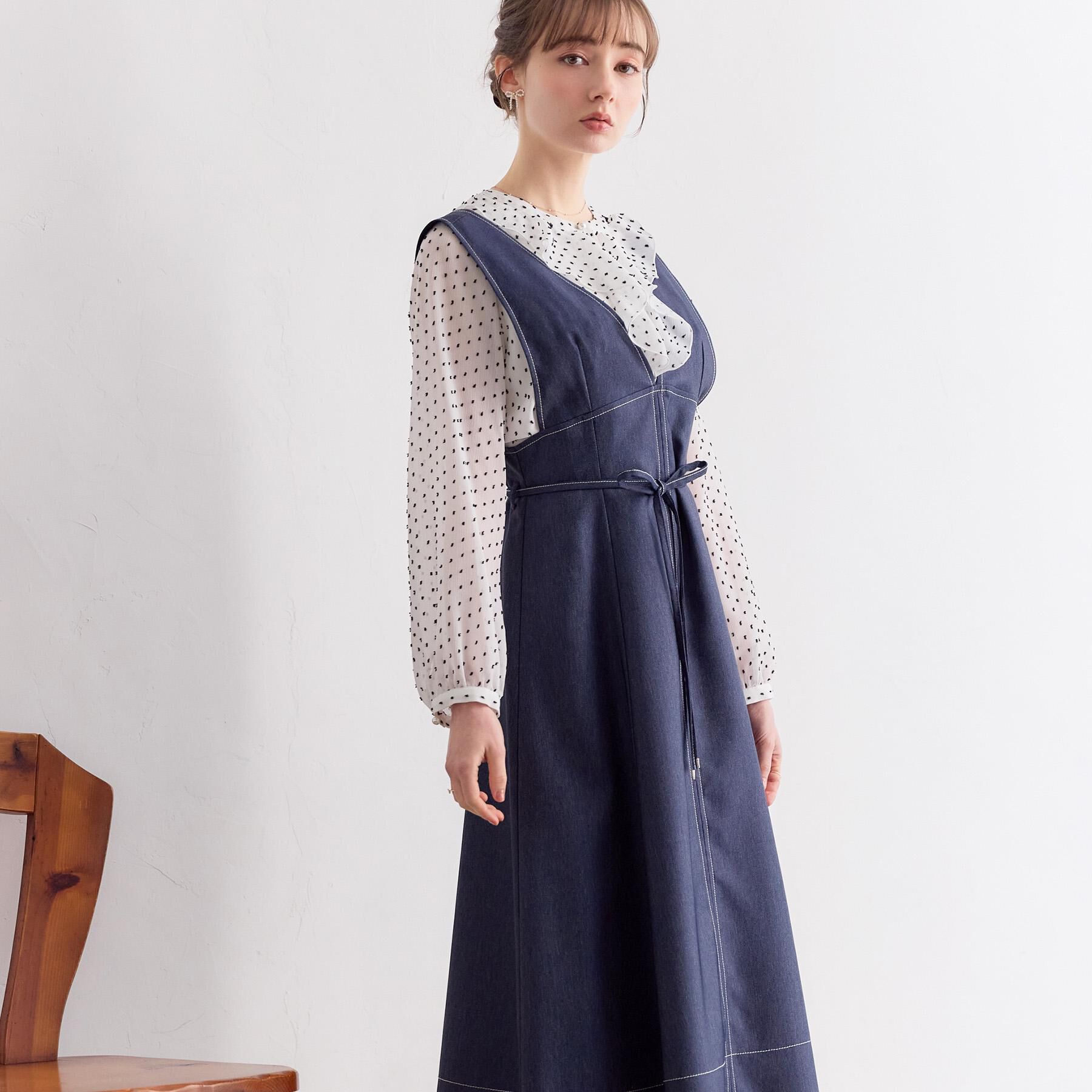 Couture broach「【洗える】デニムライク細リボンジャンスカ」|ワンピース|