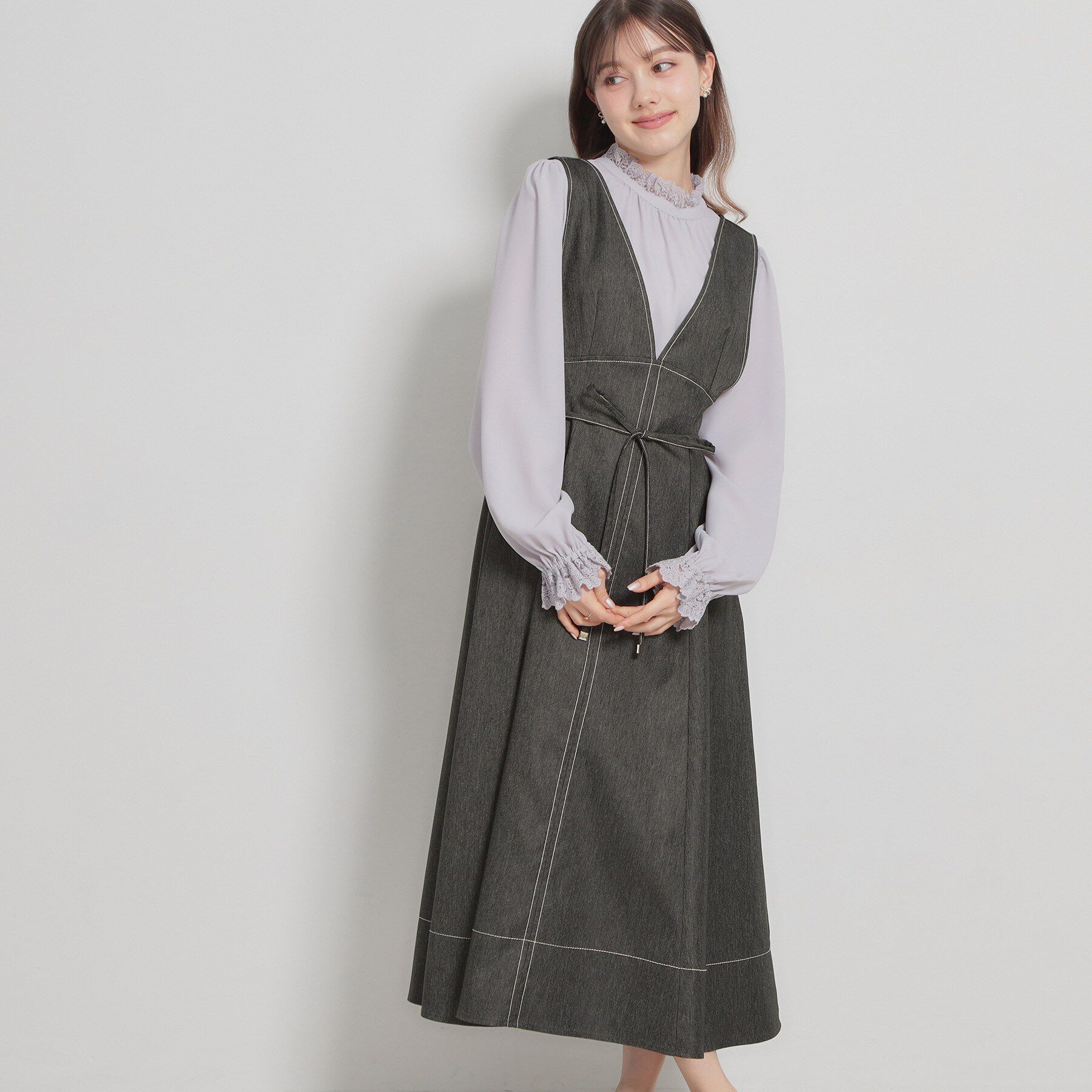 Couture broach「【洗える】デニムライク細リボンジャンスカ」|ワンピース|