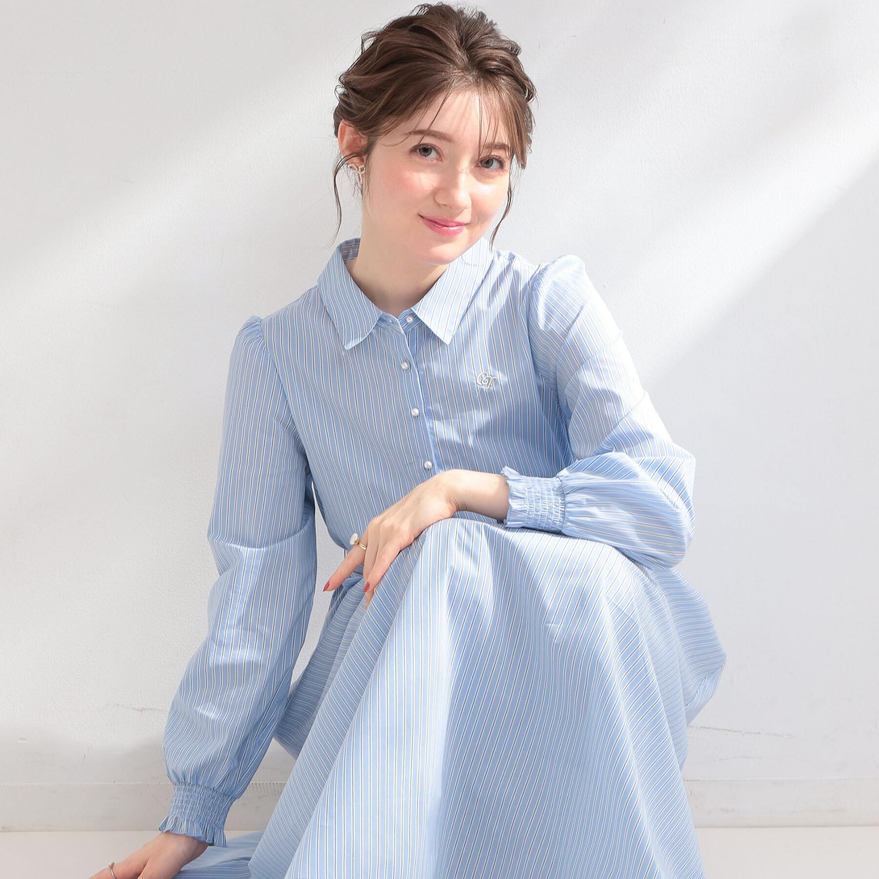 Couture broach「【洗える】ロゴエンブロ シャツワンピース」|ワンピース|ブルー(391)