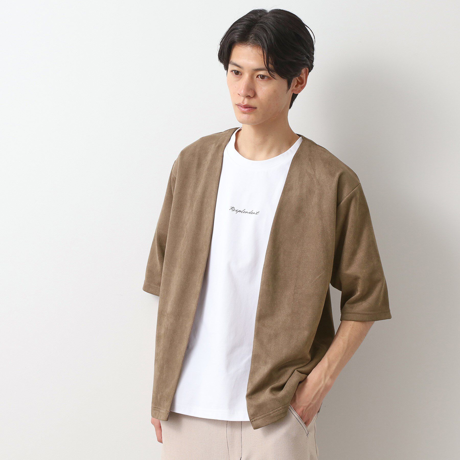 THE SHOP TK「フェイクスウェードアンサンブルカーディガン【五分袖カーディガン＋半袖Tシャツセットアイテム】」|カーディガン|トープ(054)