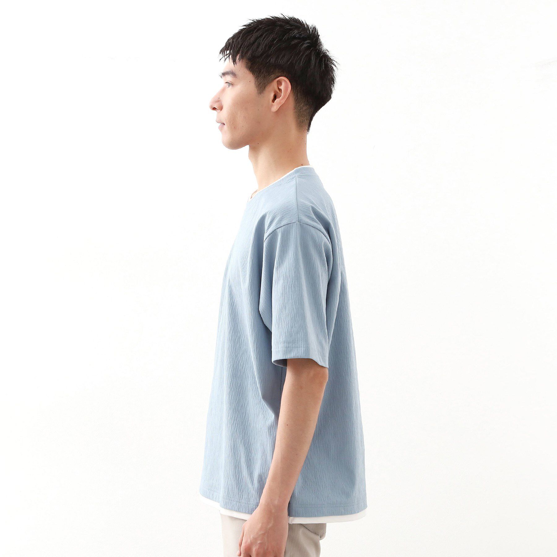 THE SHOP TK「楊柳フェイクレイヤード半袖Tシャツ 【吸水速乾/毛玉になりにくい/洗濯機OK】」|Tシャツ・カットソー|