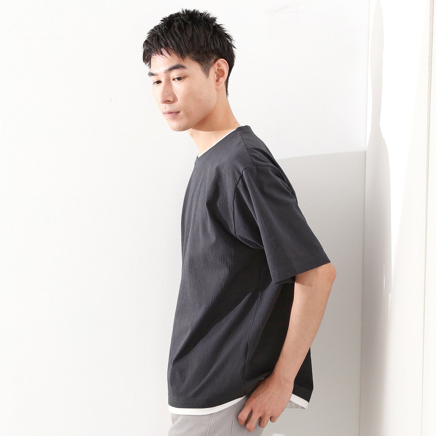 THE SHOP TK「楊柳フェイクレイヤード半袖Tシャツ 【吸水速乾/毛玉になりにくい/洗濯機OK】」|Tシャツ・カットソー|