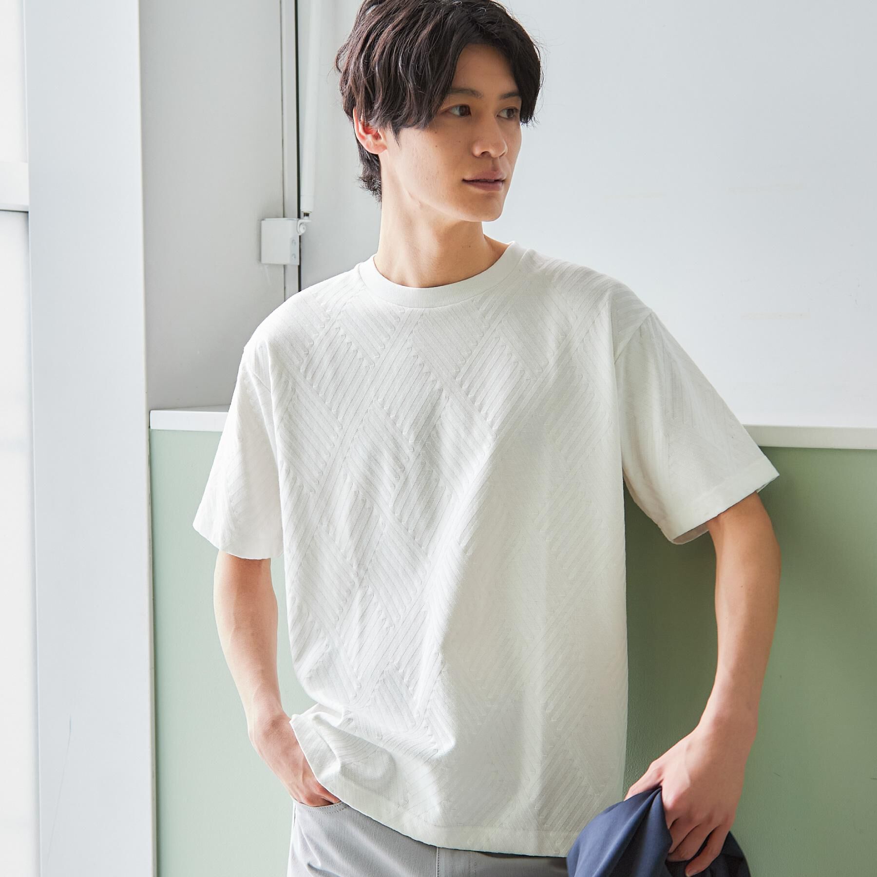 THE SHOP TK「【ジャケットインにもおすすめ！】ジャカード リンクス半袖Tシャツ 洗濯機OK」|Tシャツ・カットソー|