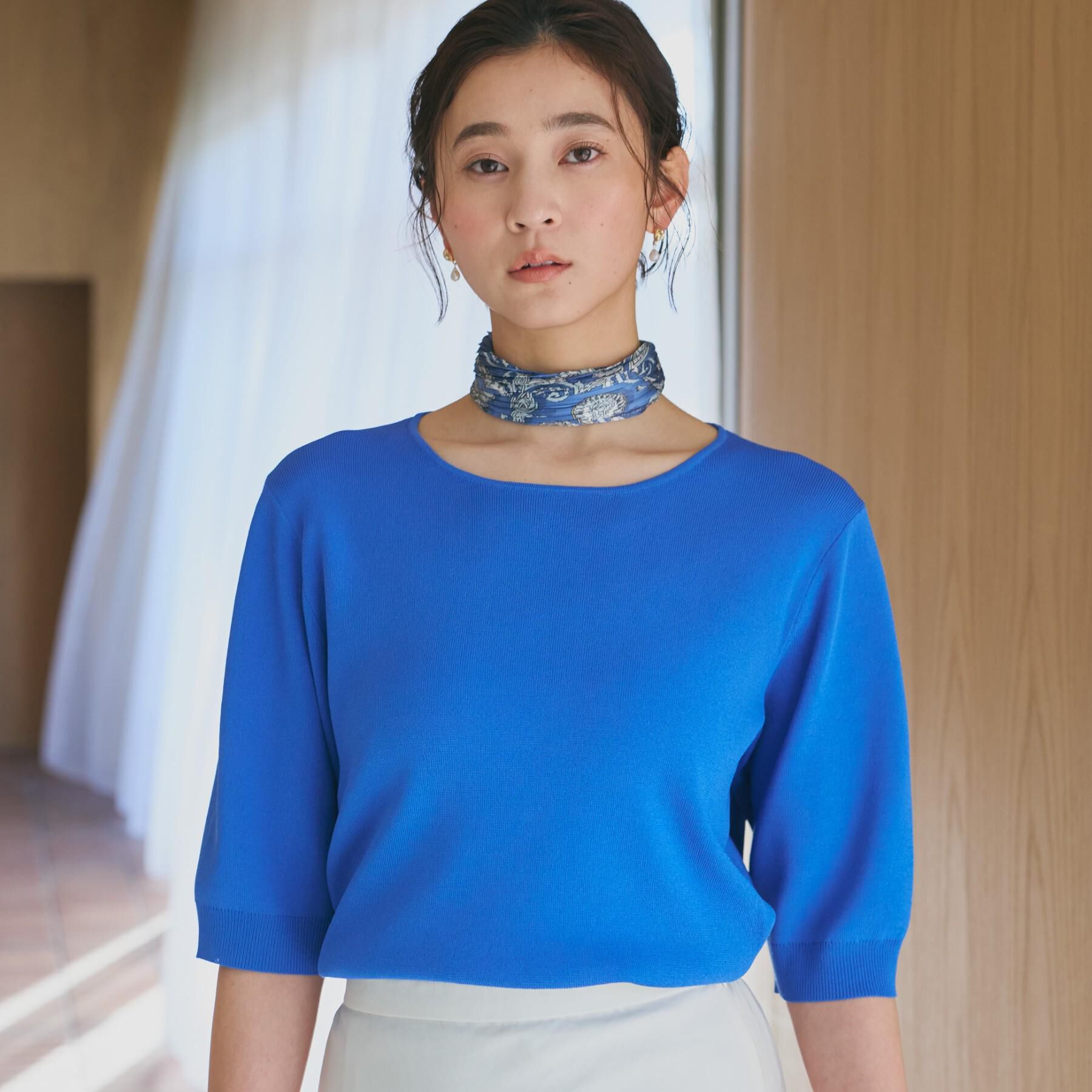 THE SHOP TK「【S-XL/ひんやりタッチ】美しさ際立つ 6分袖ニット 洗濯機OK/UVケア/毛玉になりにくい」|ニット・セーター|