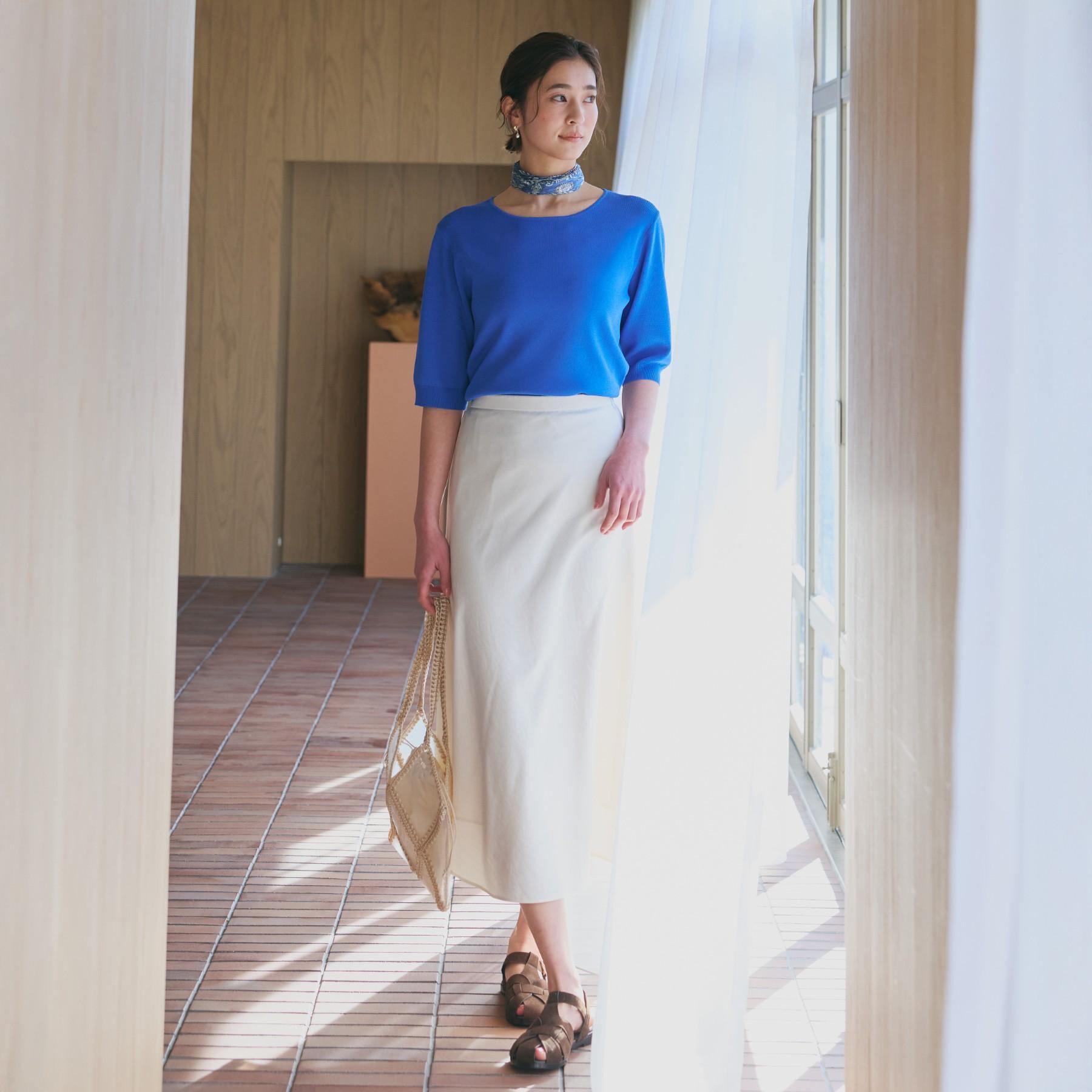 THE SHOP TK「【S-XL/ひんやりタッチ】美しさ際立つ 6分袖ニット 洗濯機OK/UVケア/毛玉になりにくい」|ニット・セーター|