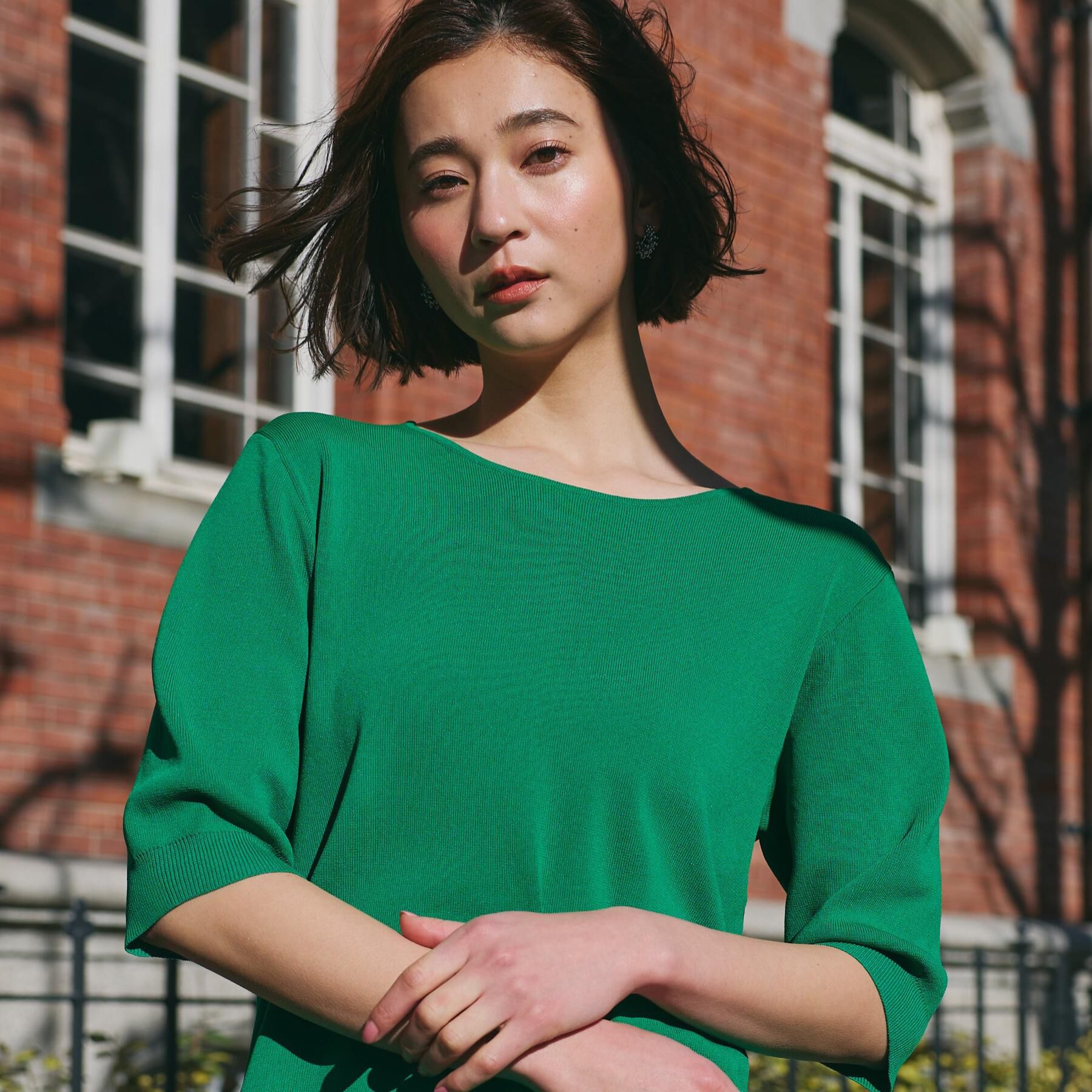 THE SHOP TK「【S-XL/ひんやりタッチ】美しさ際立つ 6分袖ニット 洗濯機OK/UVケア/毛玉になりにくい」|ニット・セーター|