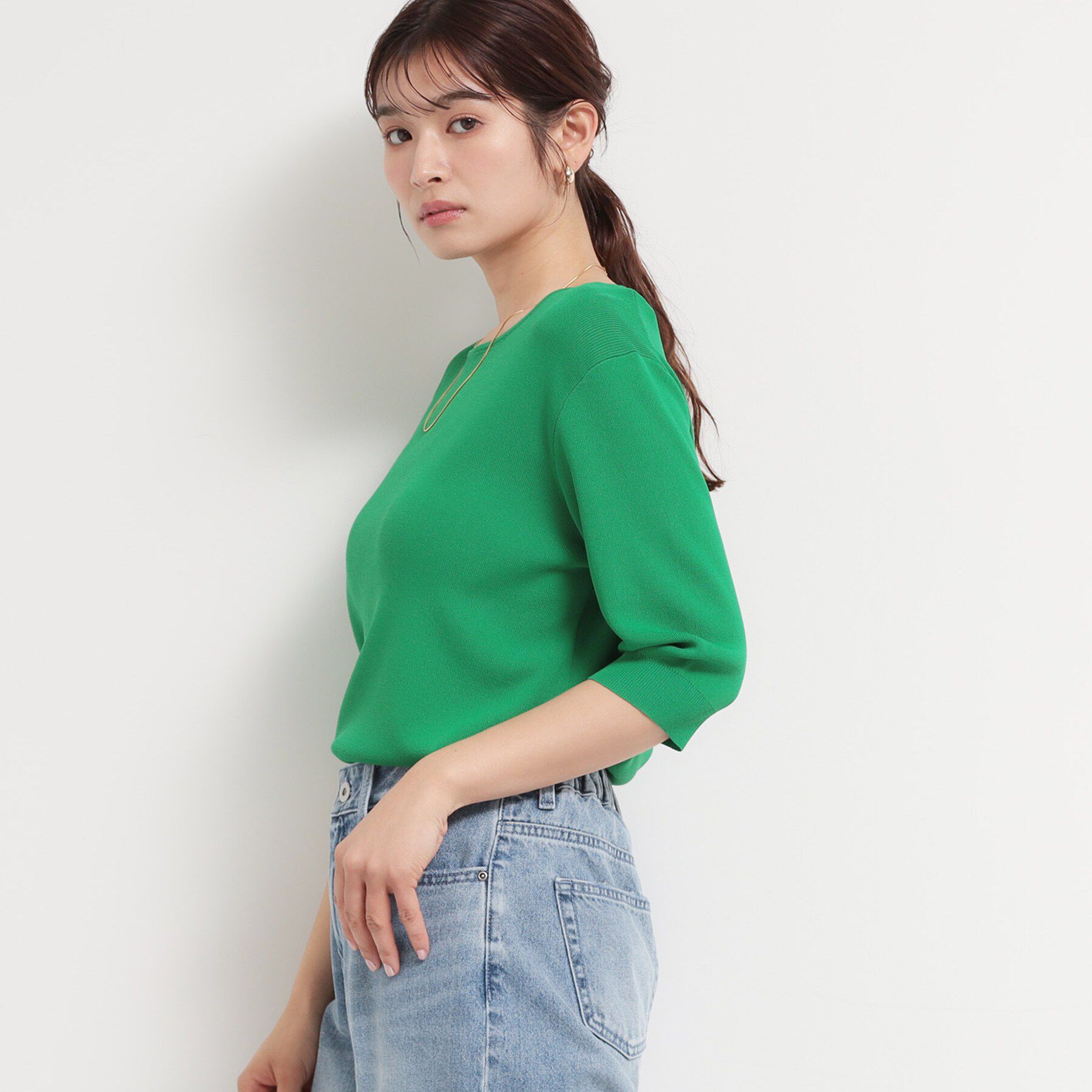 THE SHOP TK「【S-XL/ひんやりタッチ】美しさ際立つ 6分袖ニット 洗濯機OK/UVケア/毛玉になりにくい」|ニット・セーター|