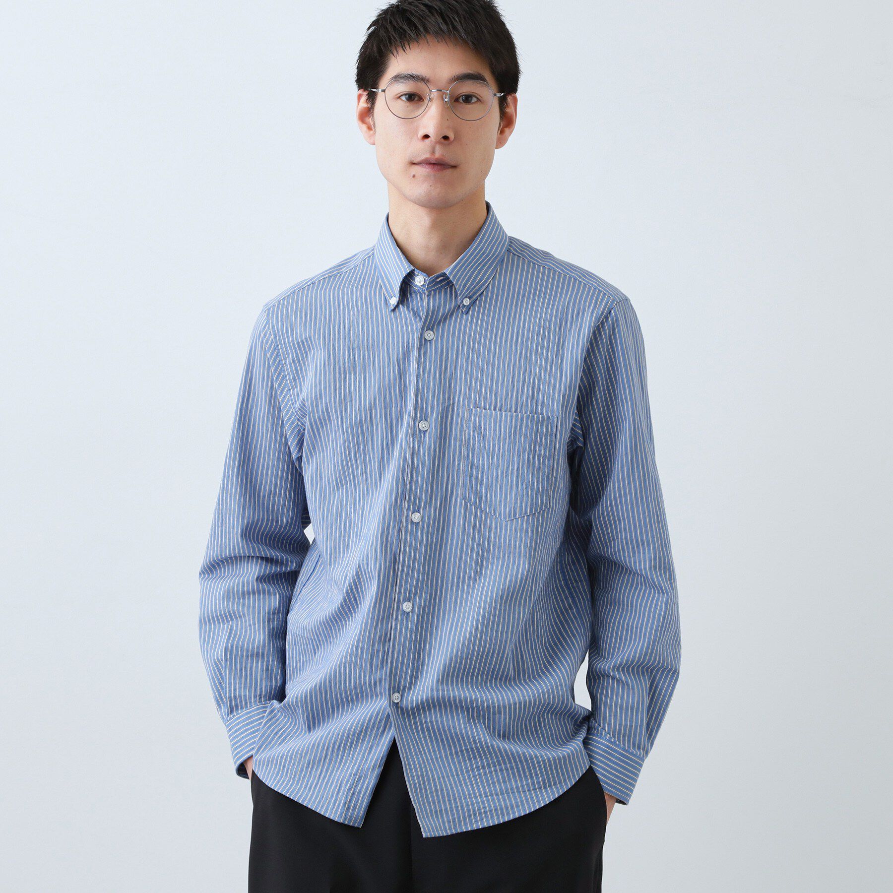 THE SHOP TK「【綿毛のように軽い】フラフテックス ストライプ長袖シャツ 洗濯機OK」|シャツ・ブラウス|ブルー(393)