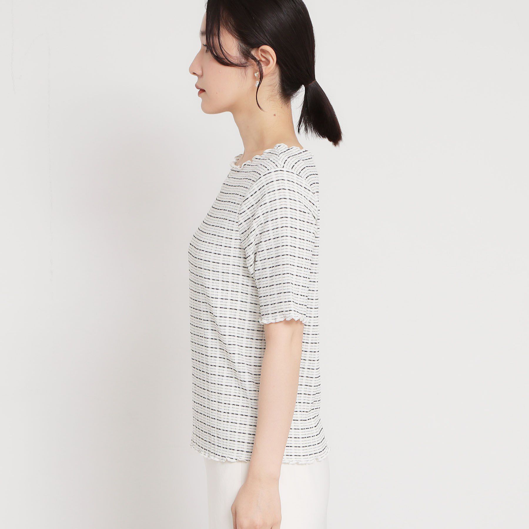 THE SHOP TK「さりげないフリルがアクセント チェック柄5分袖カットソー」|Tシャツ・カットソー|