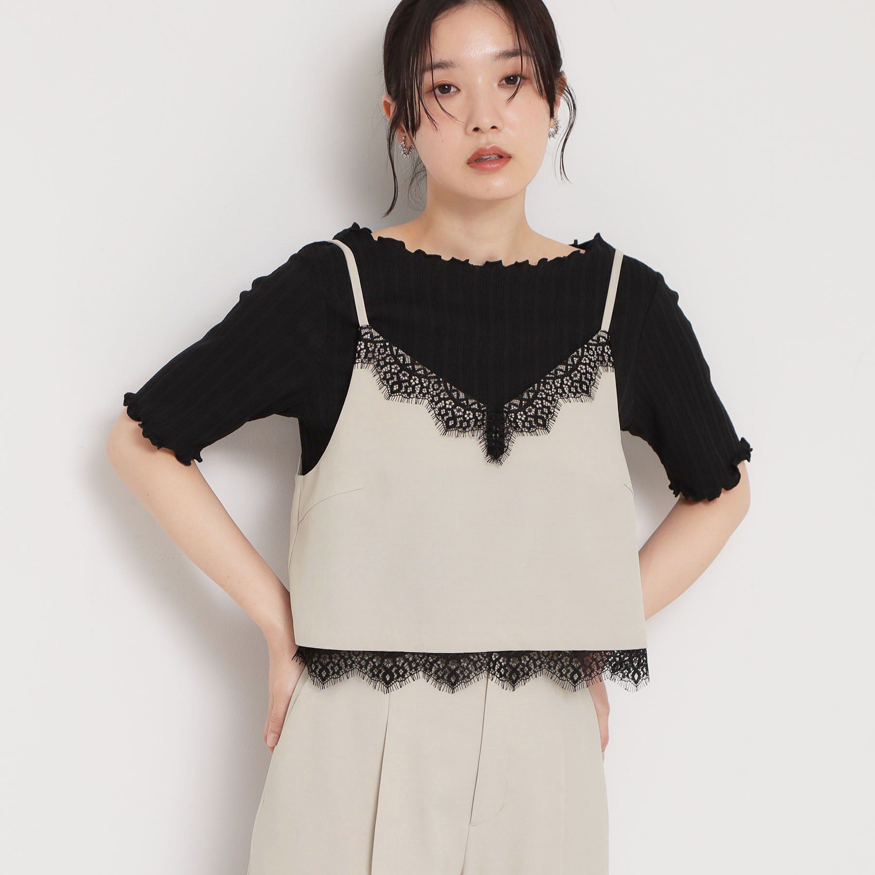 THE SHOP TK「さりげないフリルがアクセント チェック柄5分袖カットソー」|Tシャツ・カットソー|