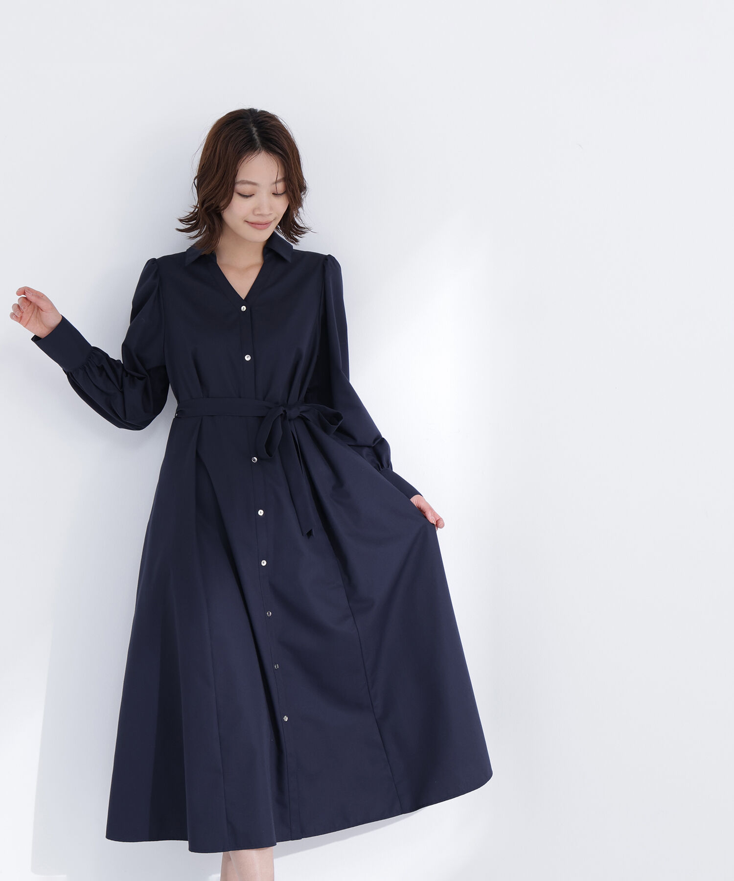  「リボンベルテッドシャツワンピース」|ワンピース|ネイビー