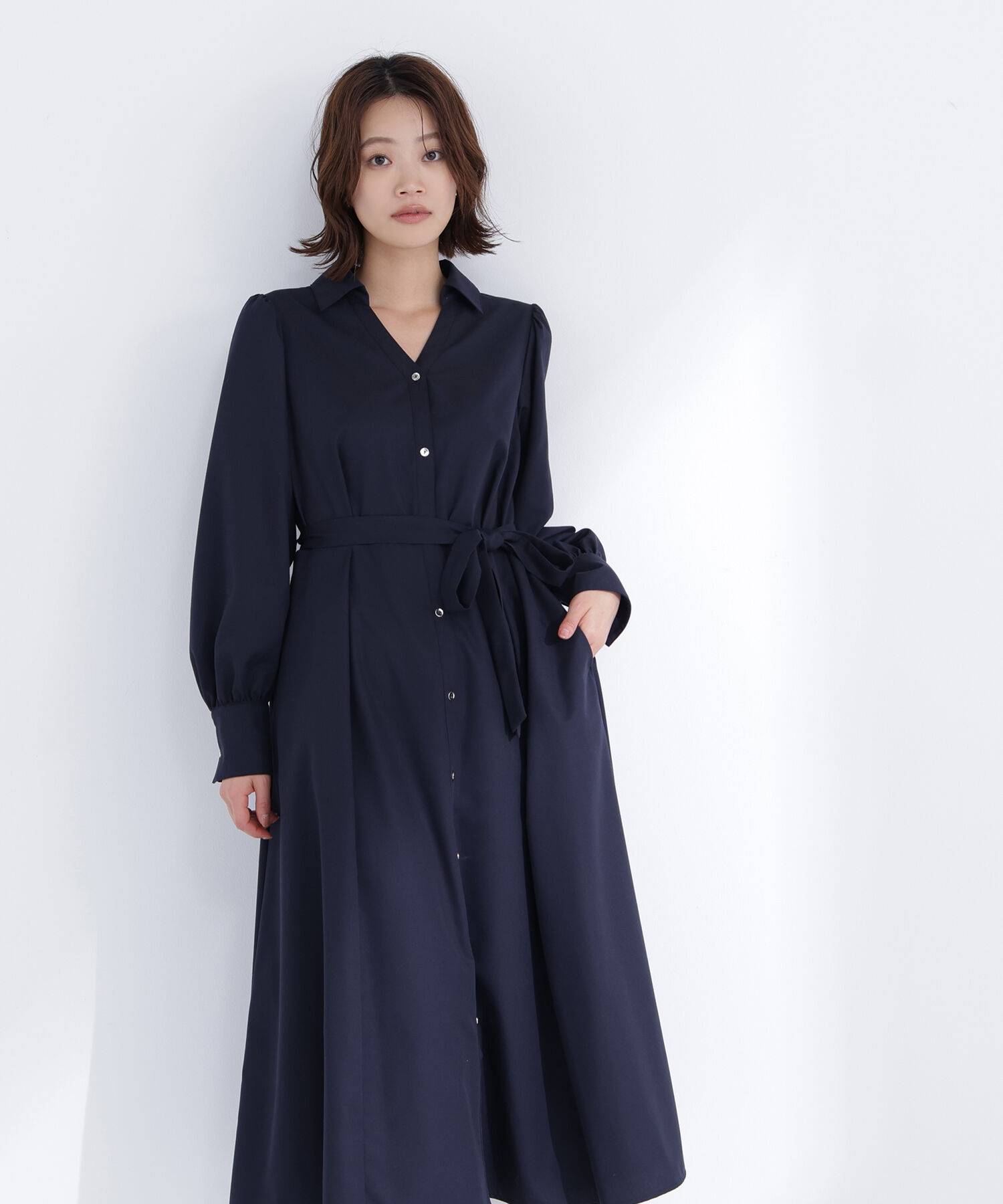  「リボンベルテッドシャツワンピース」|ワンピース|