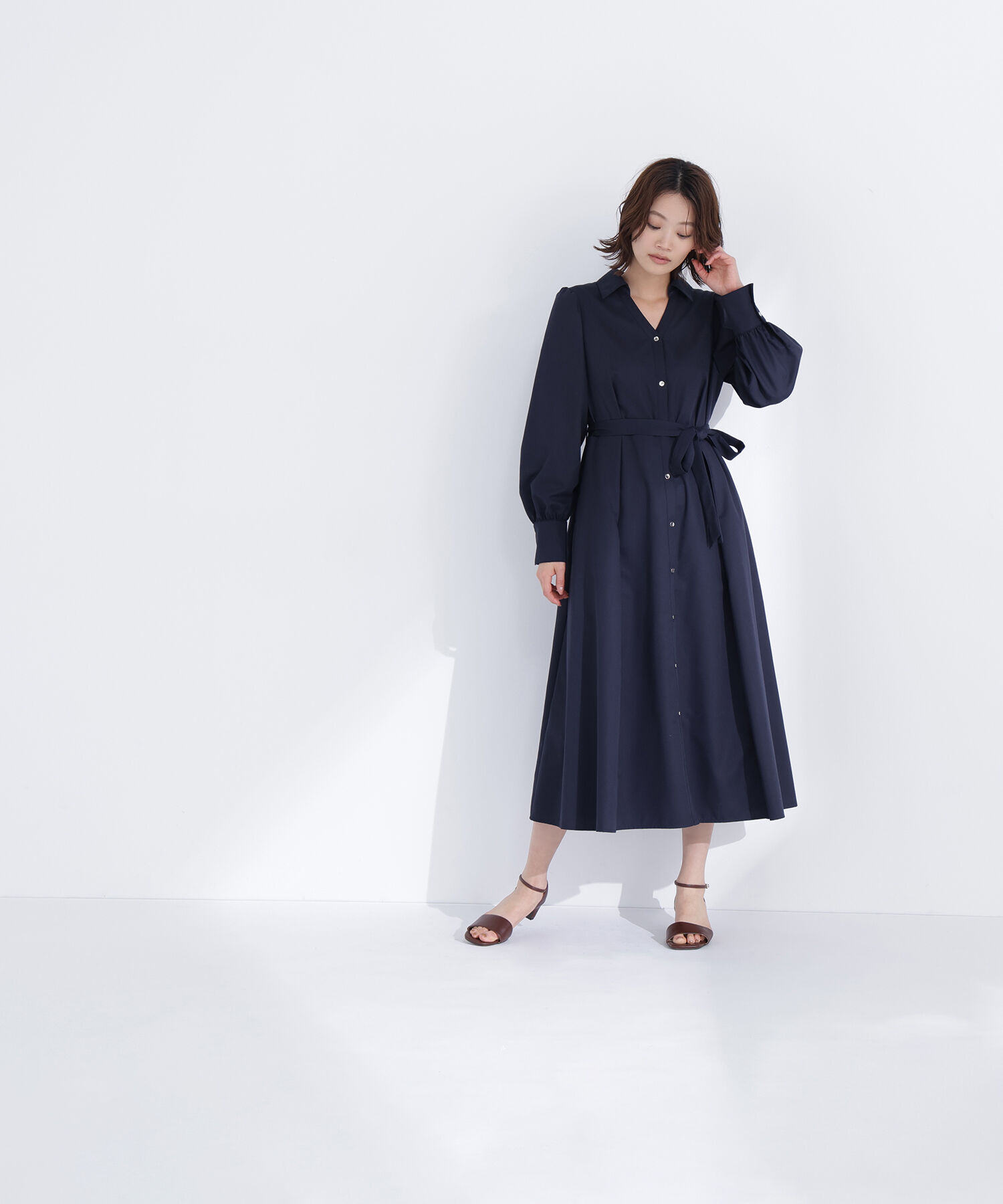  「リボンベルテッドシャツワンピース」|ワンピース|