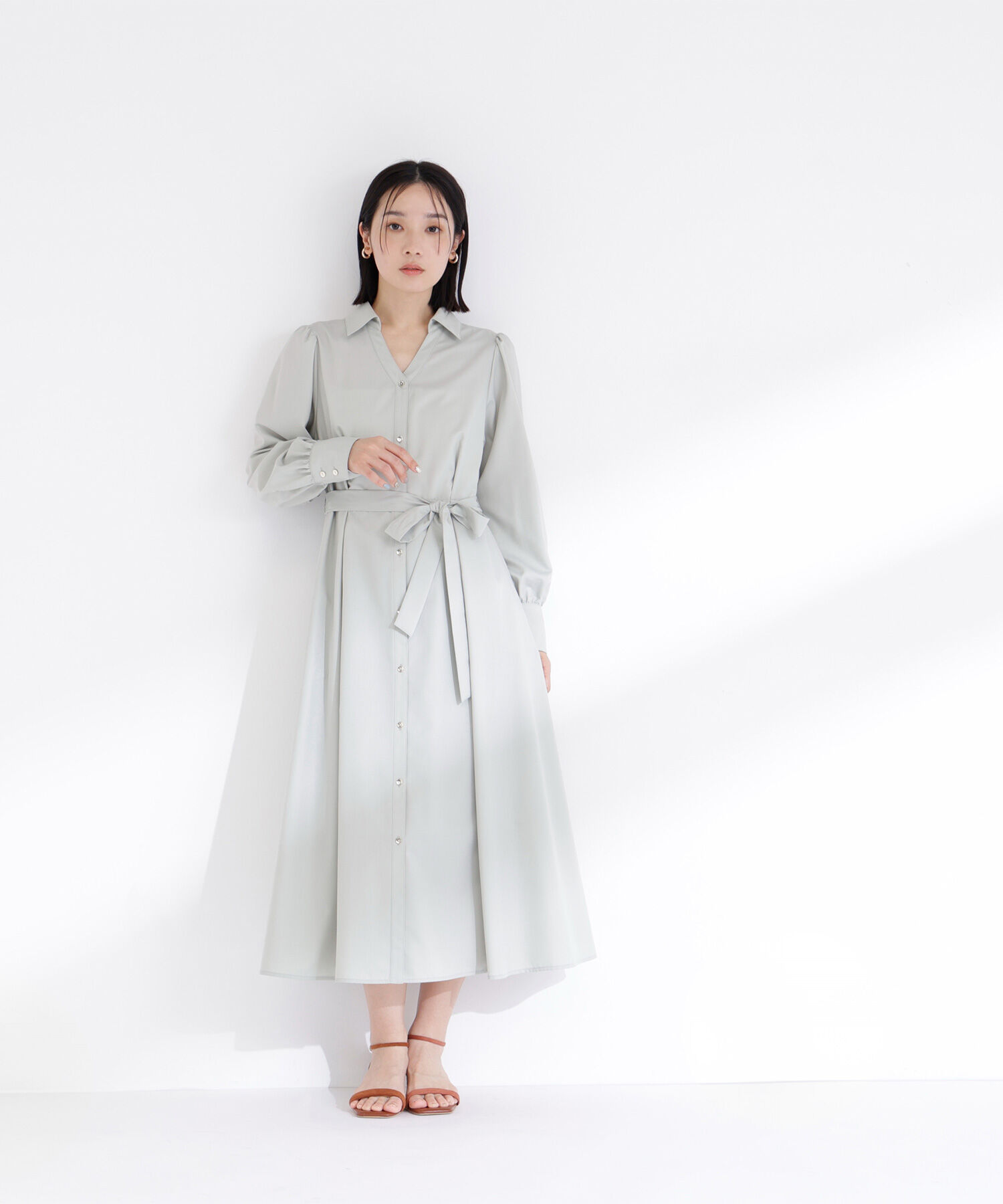  「リボンベルテッドシャツワンピース」|ワンピース|ライトグリー