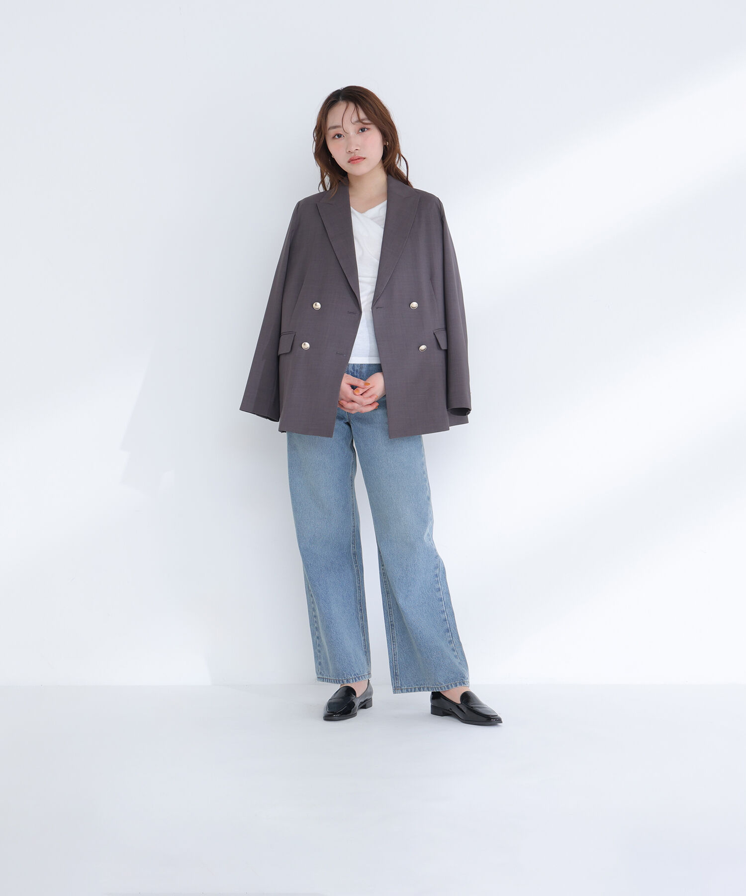  「リネンライクダブルブレストボクシージャケット」|ブルゾン・スタジャン|