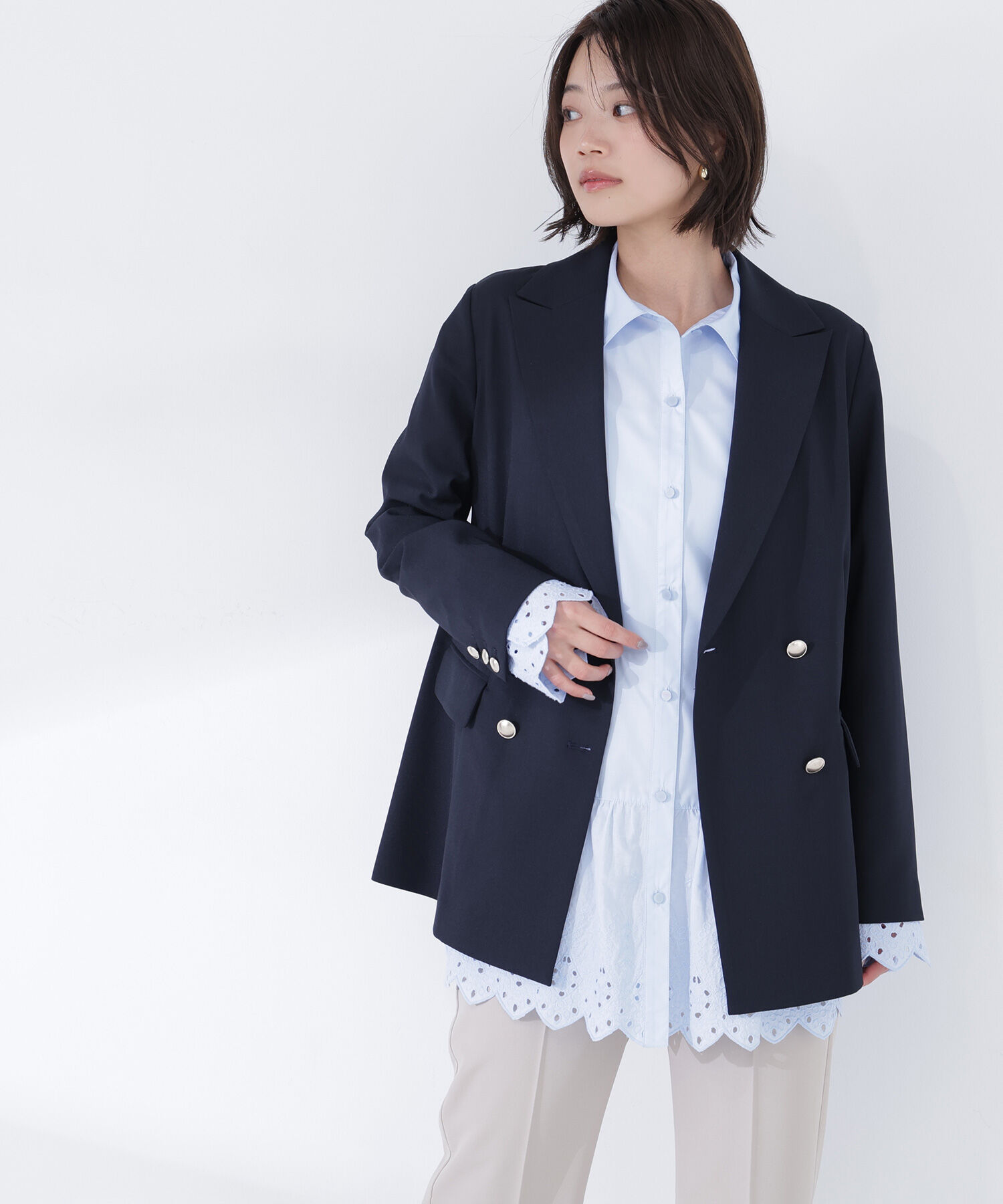  「リネンライクダブルブレストボクシージャケット」|ブルゾン・スタジャン|ネイビー