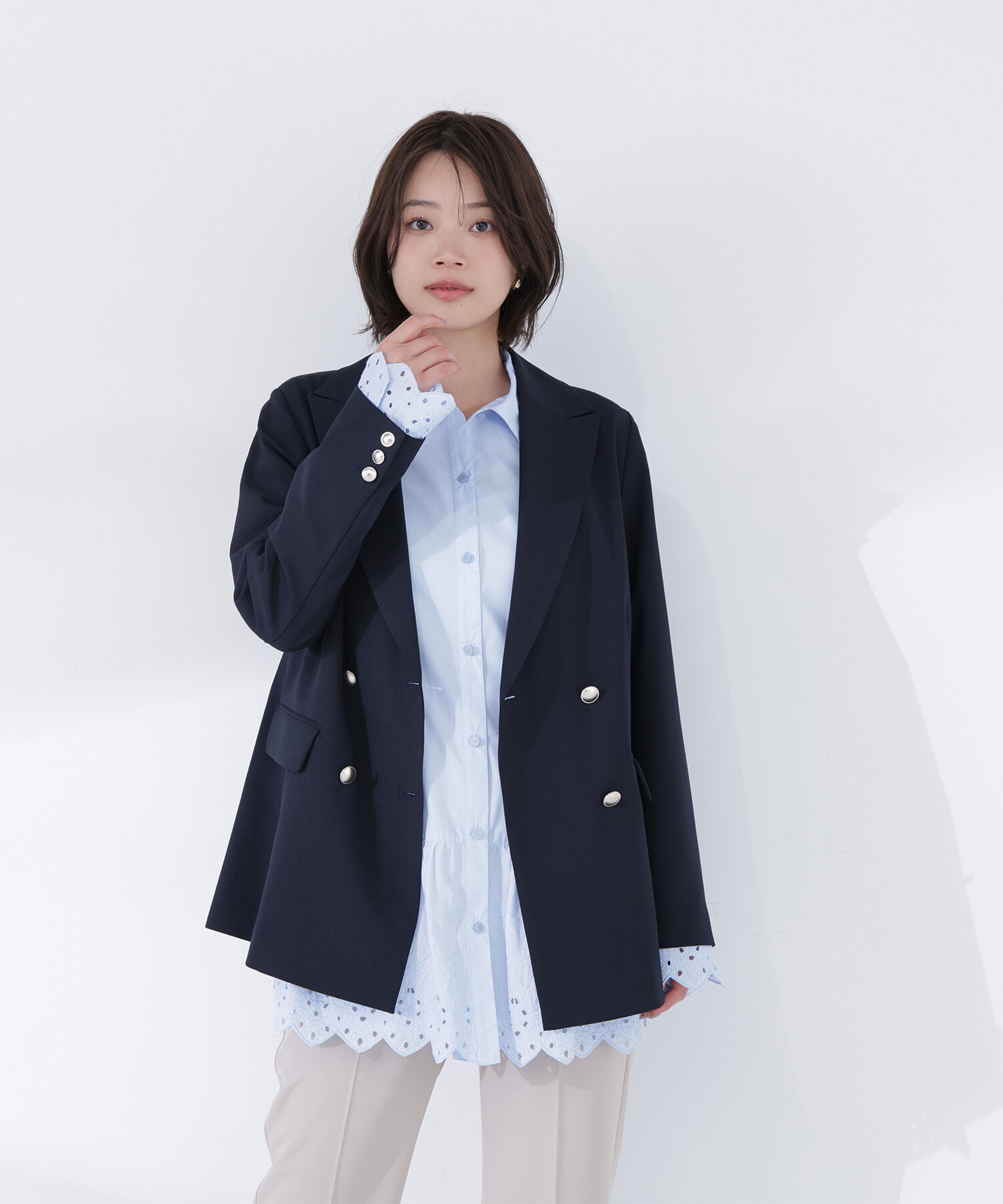  「リネンライクダブルブレストボクシージャケット」|ブルゾン・スタジャン|