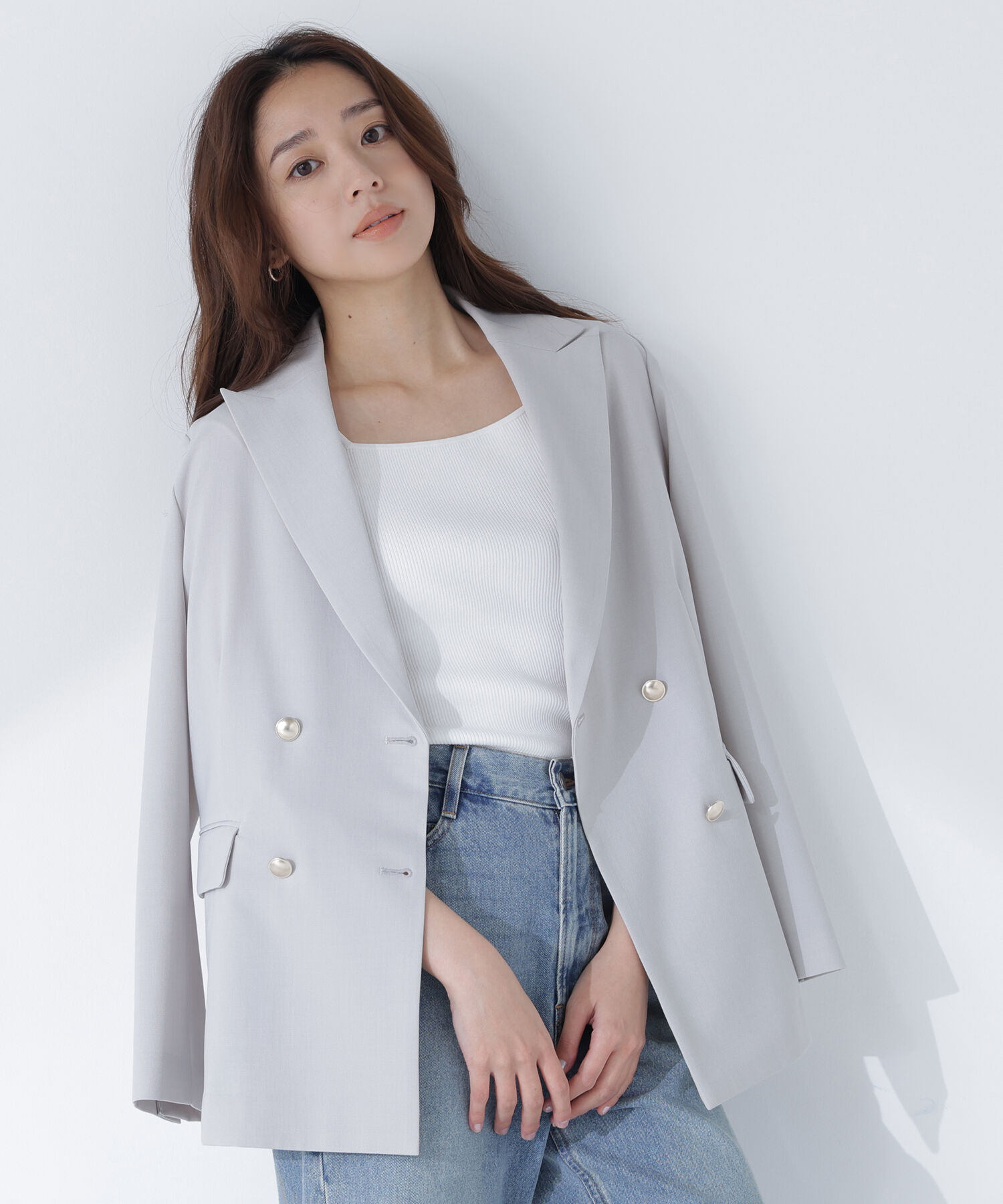  「リネンライクダブルブレストボクシージャケット」|ブルゾン・スタジャン|