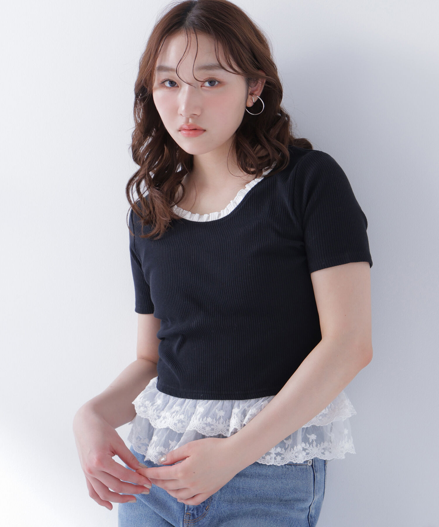  「レースドッキングフリルカットソー」|Tシャツ・カットソー|