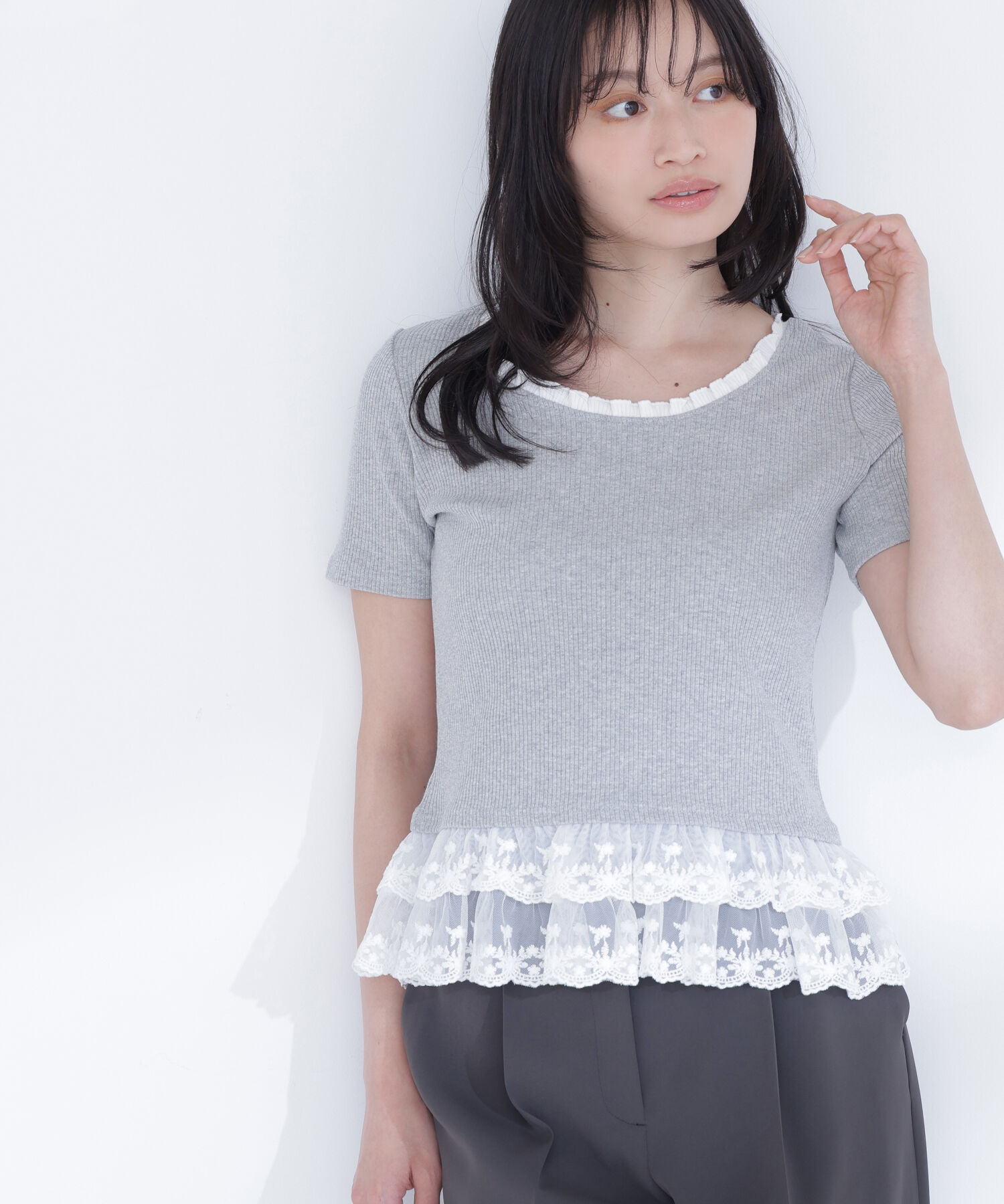  「レースドッキングフリルカットソー」|Tシャツ・カットソー|