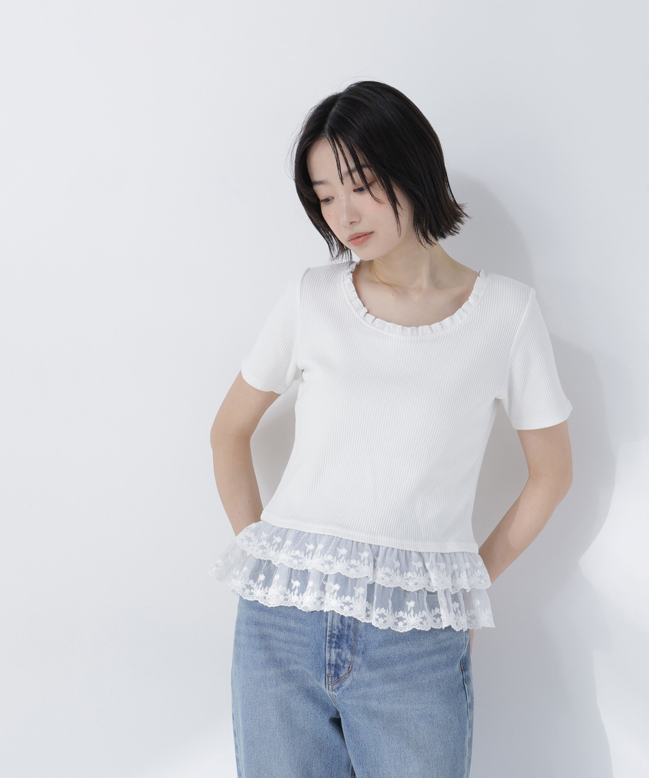  「レースドッキングフリルカットソー」|Tシャツ・カットソー|
