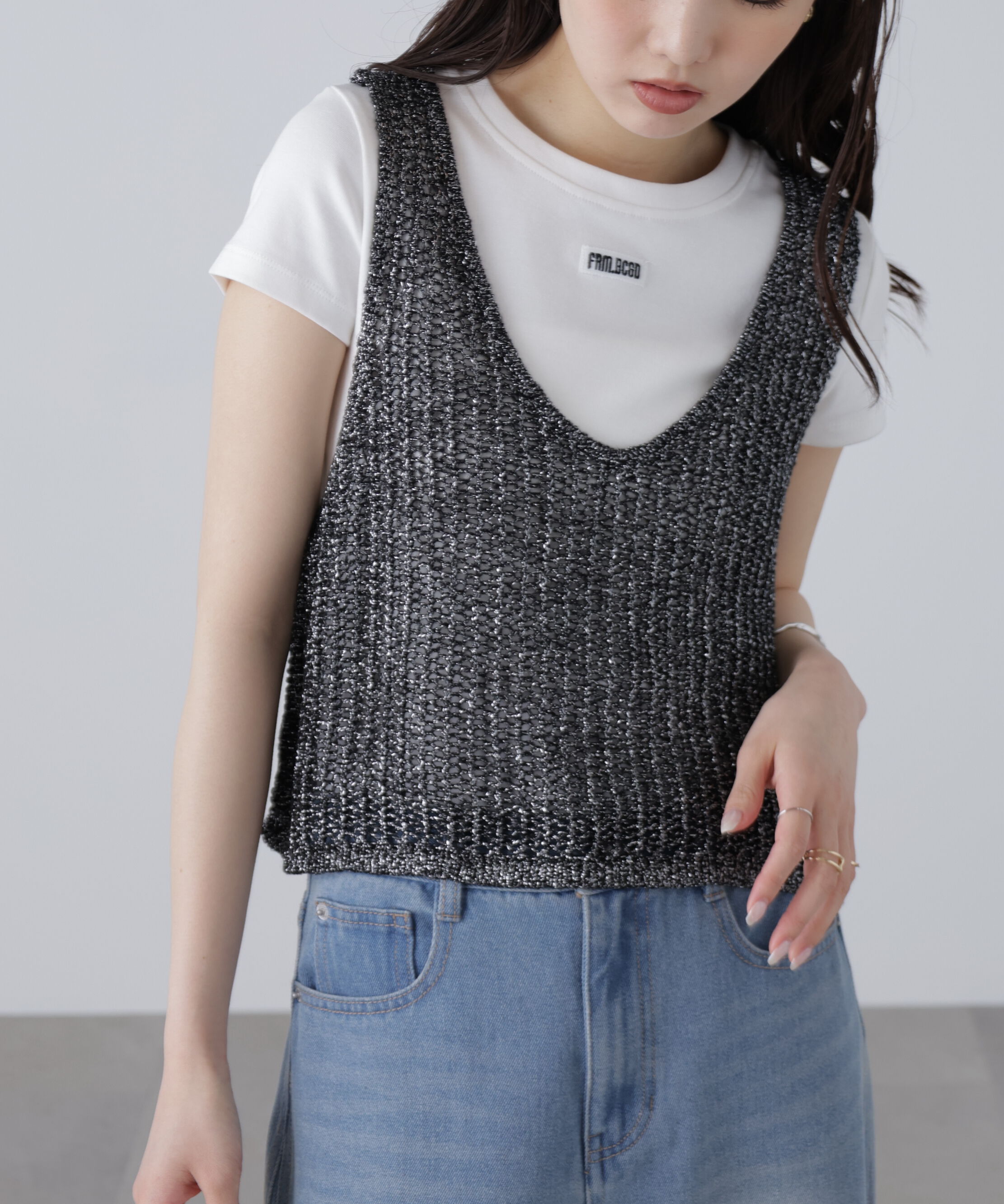  「前後2wayラメニットメッシュベスト」|ニット・セーター|
