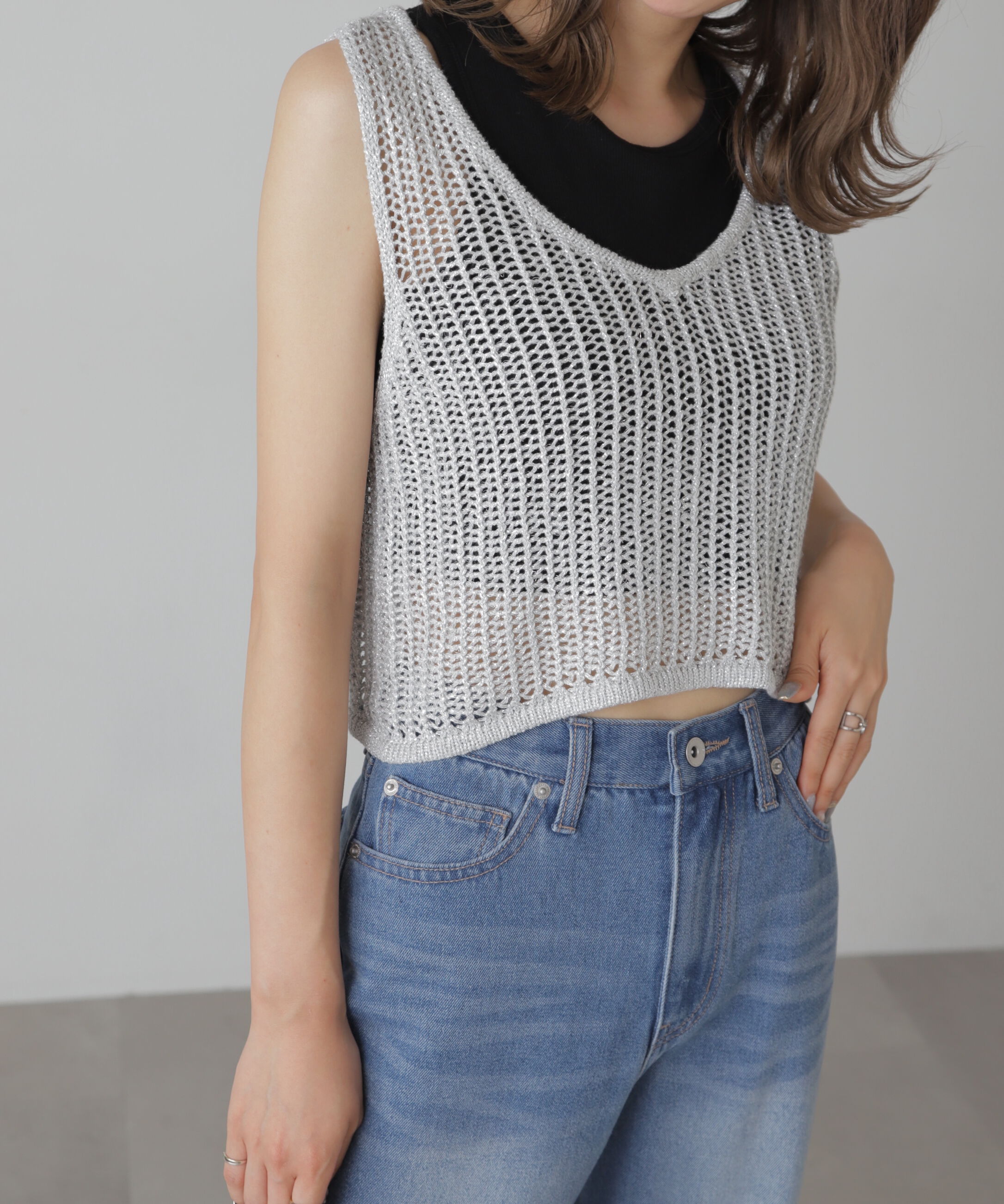  「前後2wayラメニットメッシュベスト」|ニット・セーター|