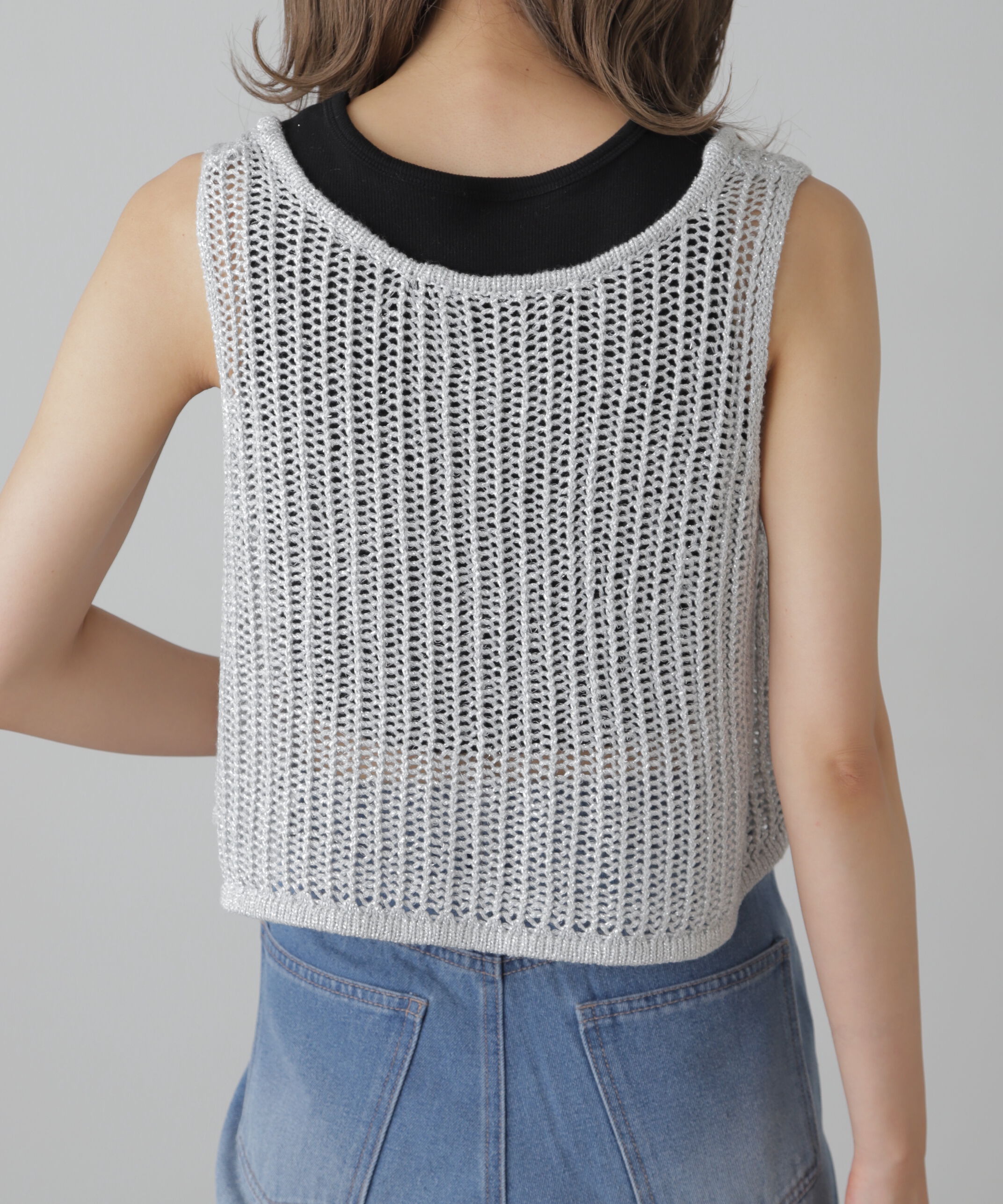  「前後2wayラメニットメッシュベスト」|ニット・セーター|