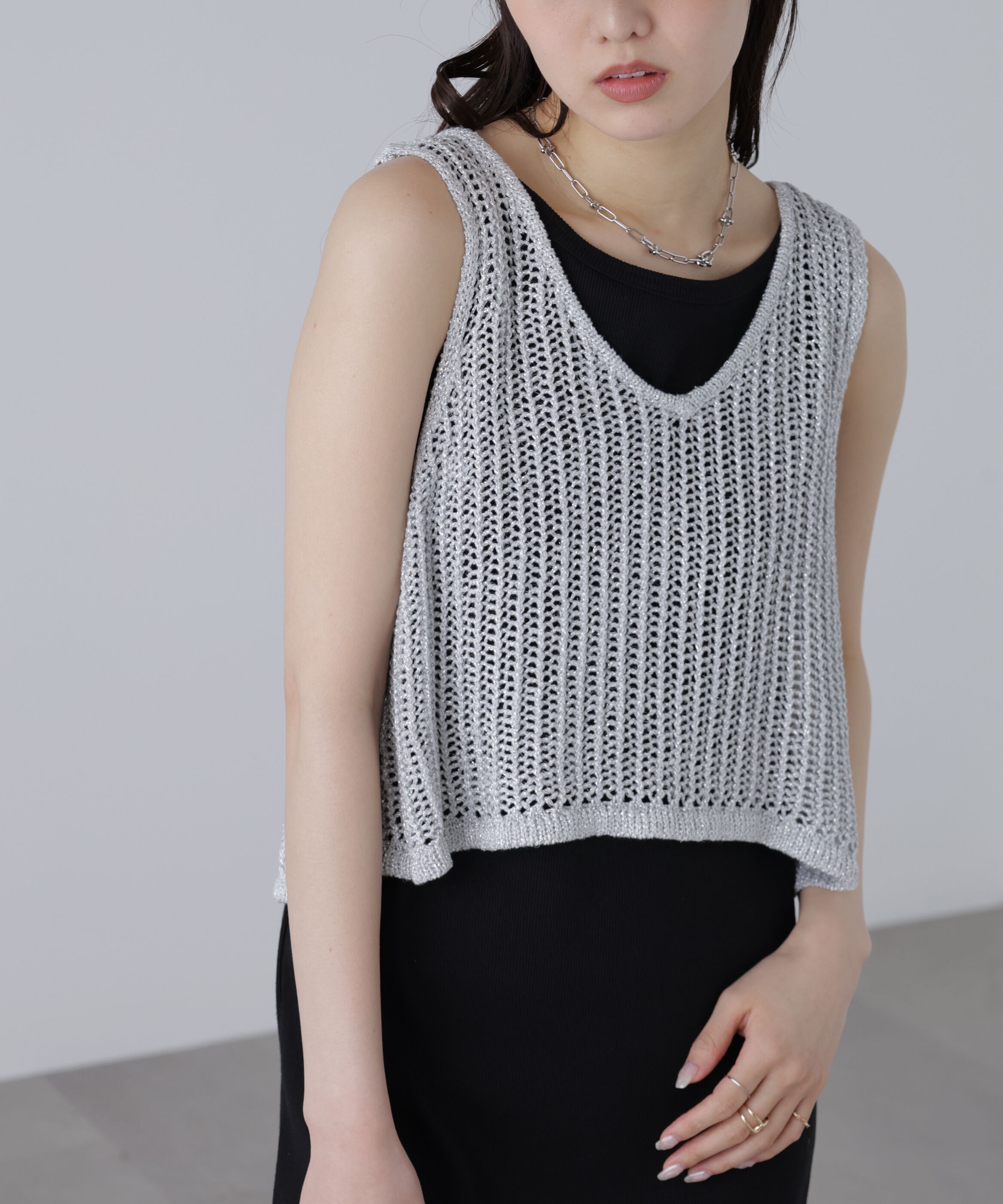  「前後2wayラメニットメッシュベスト」|ニット・セーター|