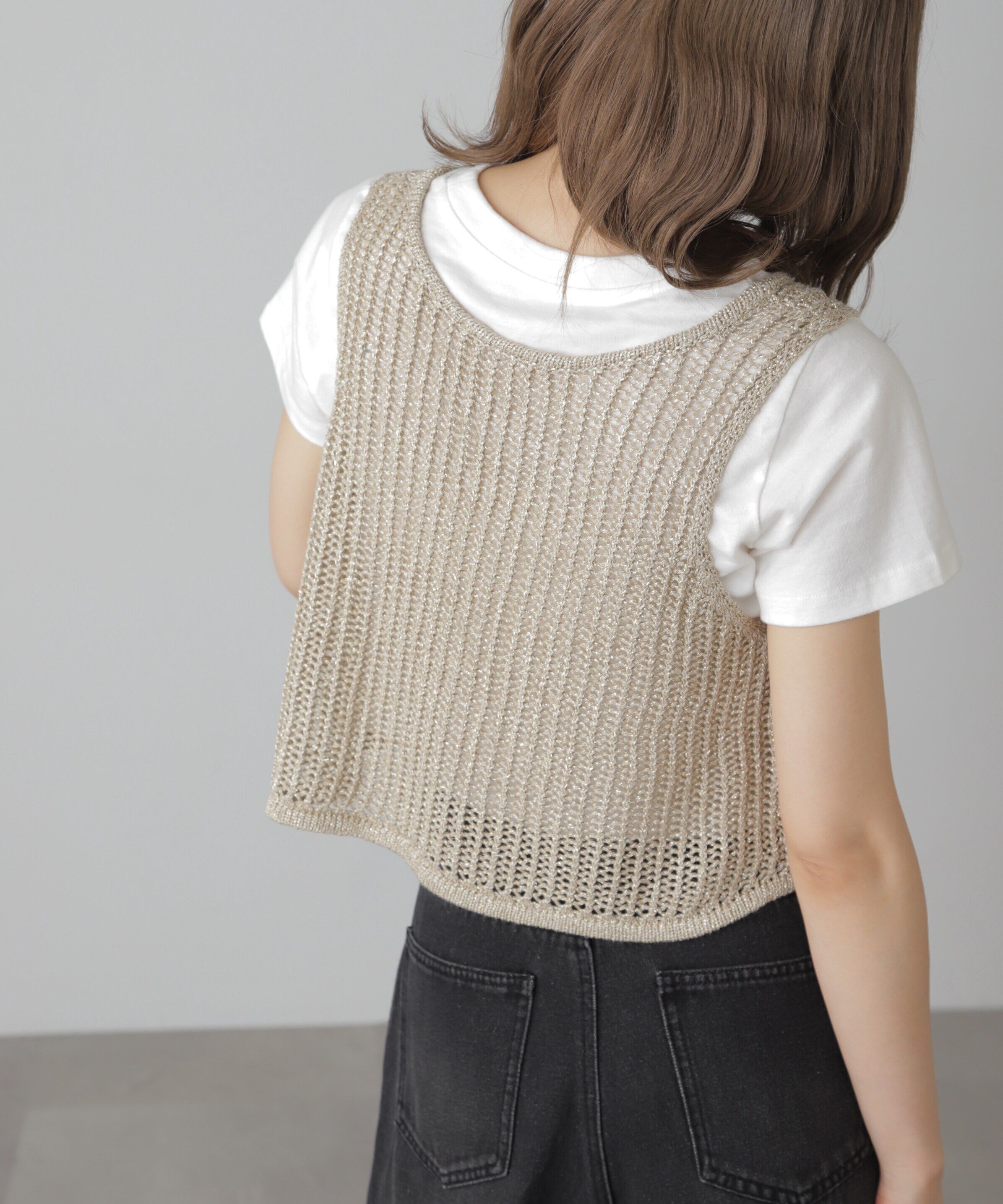  「前後2wayラメニットメッシュベスト」|ニット・セーター|