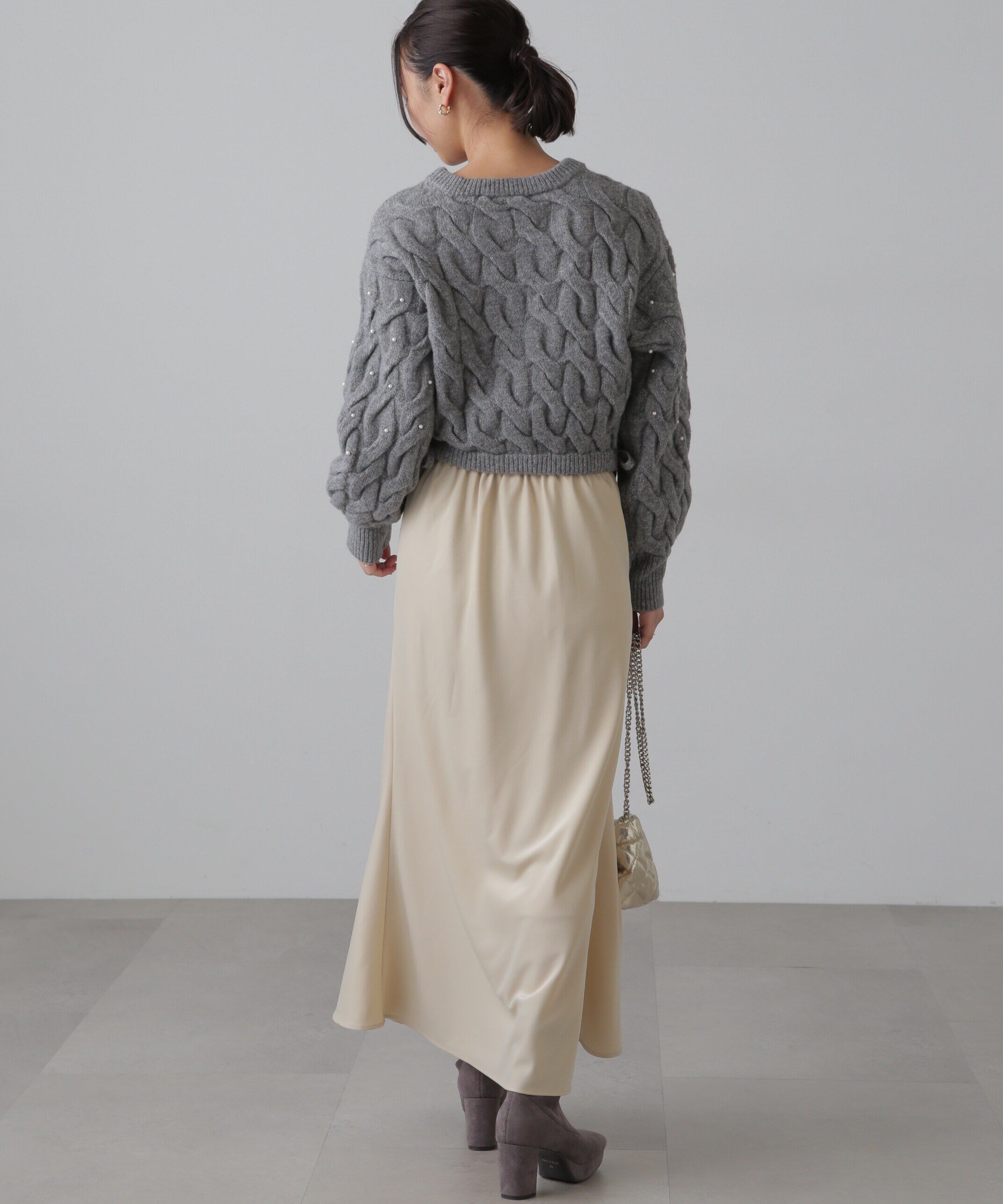  「ウエストゴムパールミックスケーブルドロストニット」|ニット・セーター|