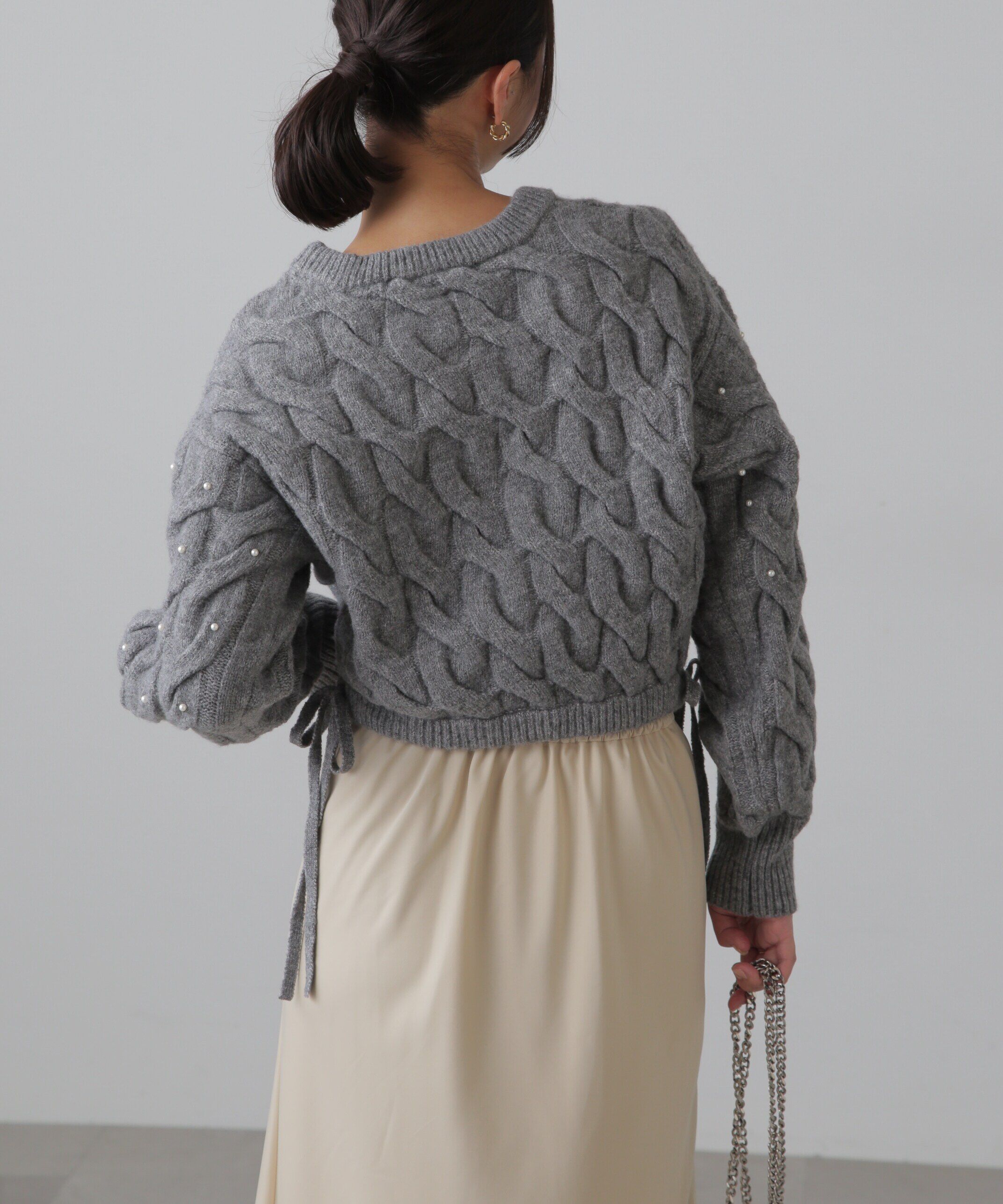  「ウエストゴムパールミックスケーブルドロストニット」|ニット・セーター|