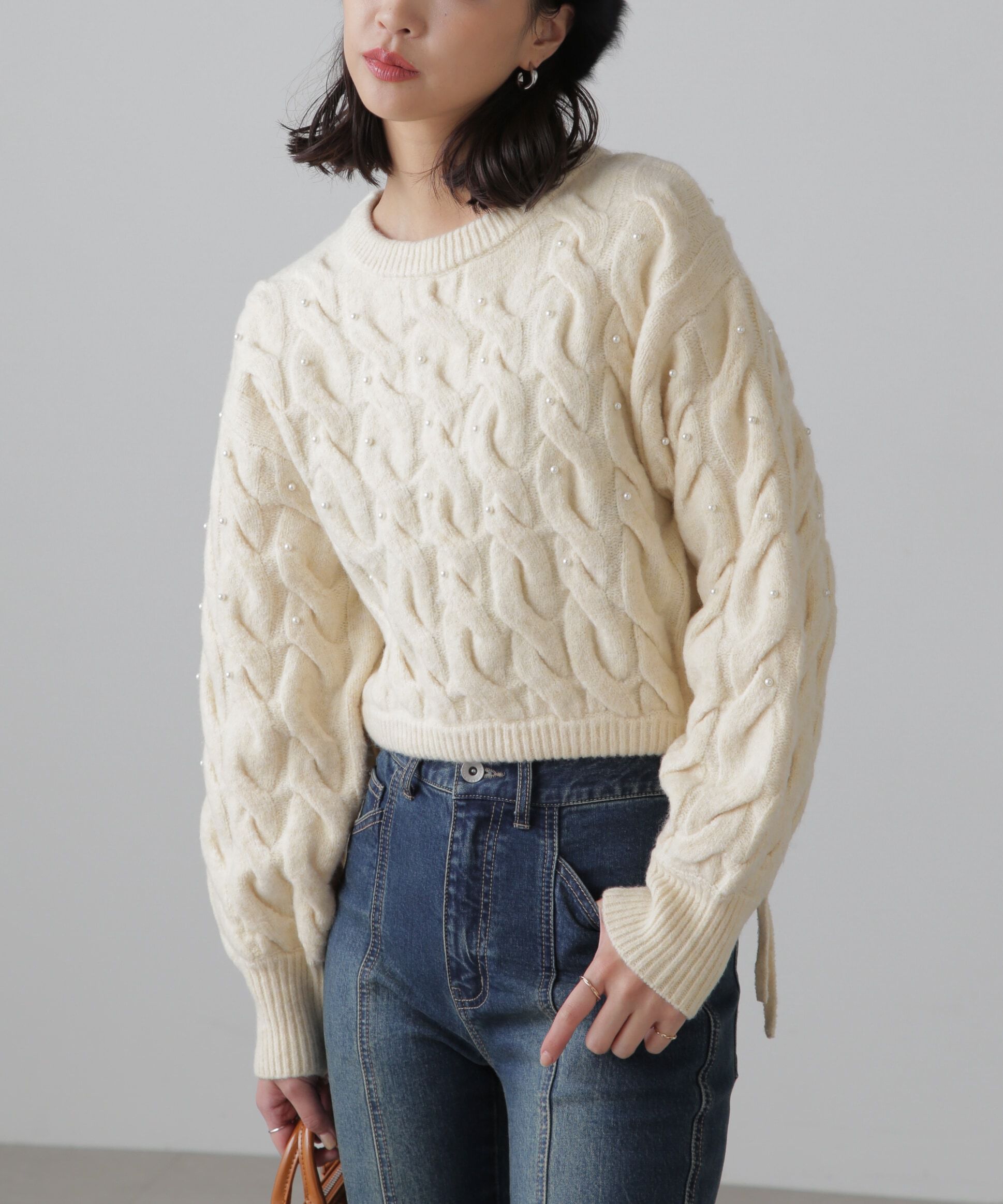  「ウエストゴムパールミックスケーブルドロストニット」|ニット・セーター|
