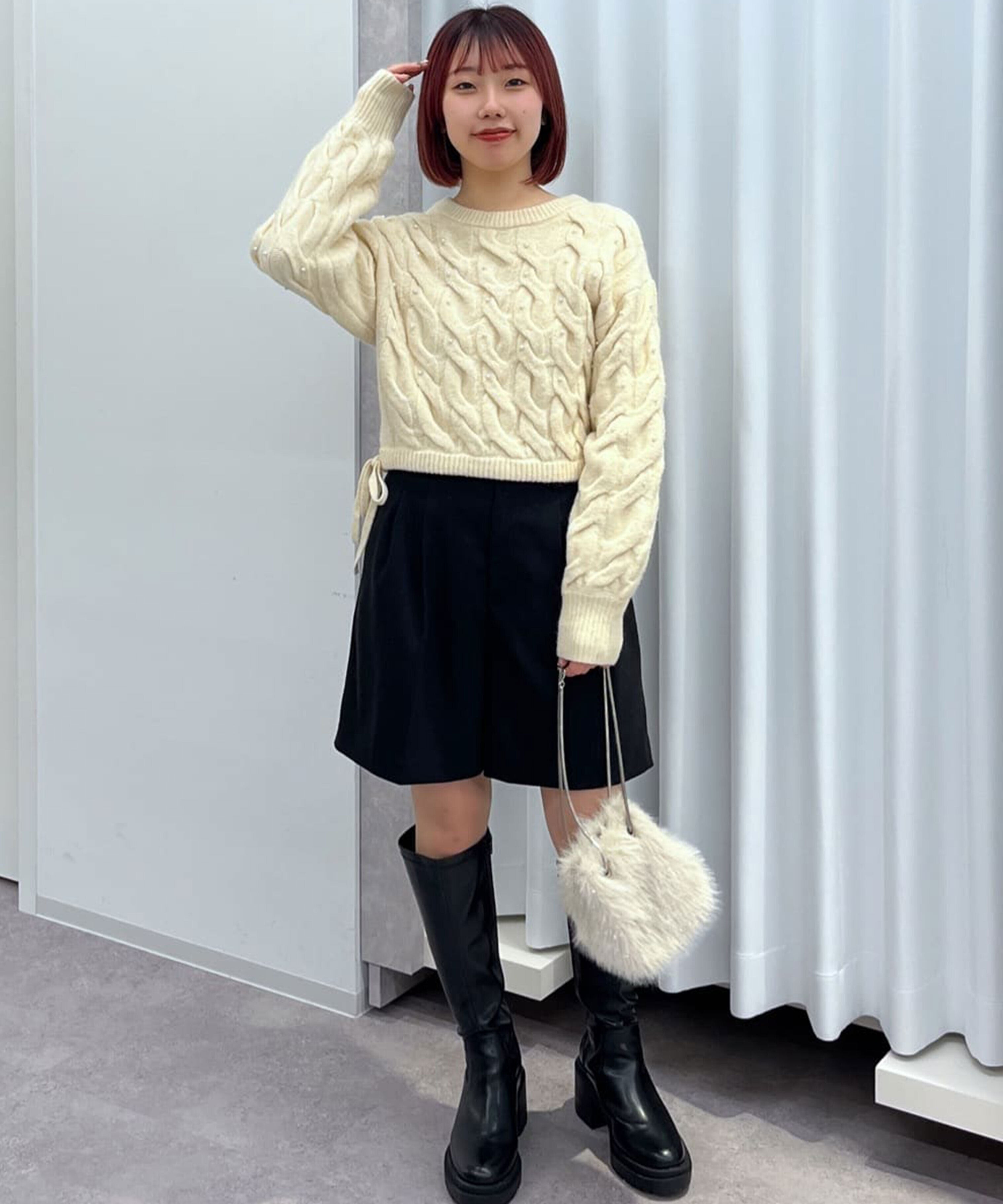  「ウエストゴムパールミックスケーブルドロストニット」|ニット・セーター|