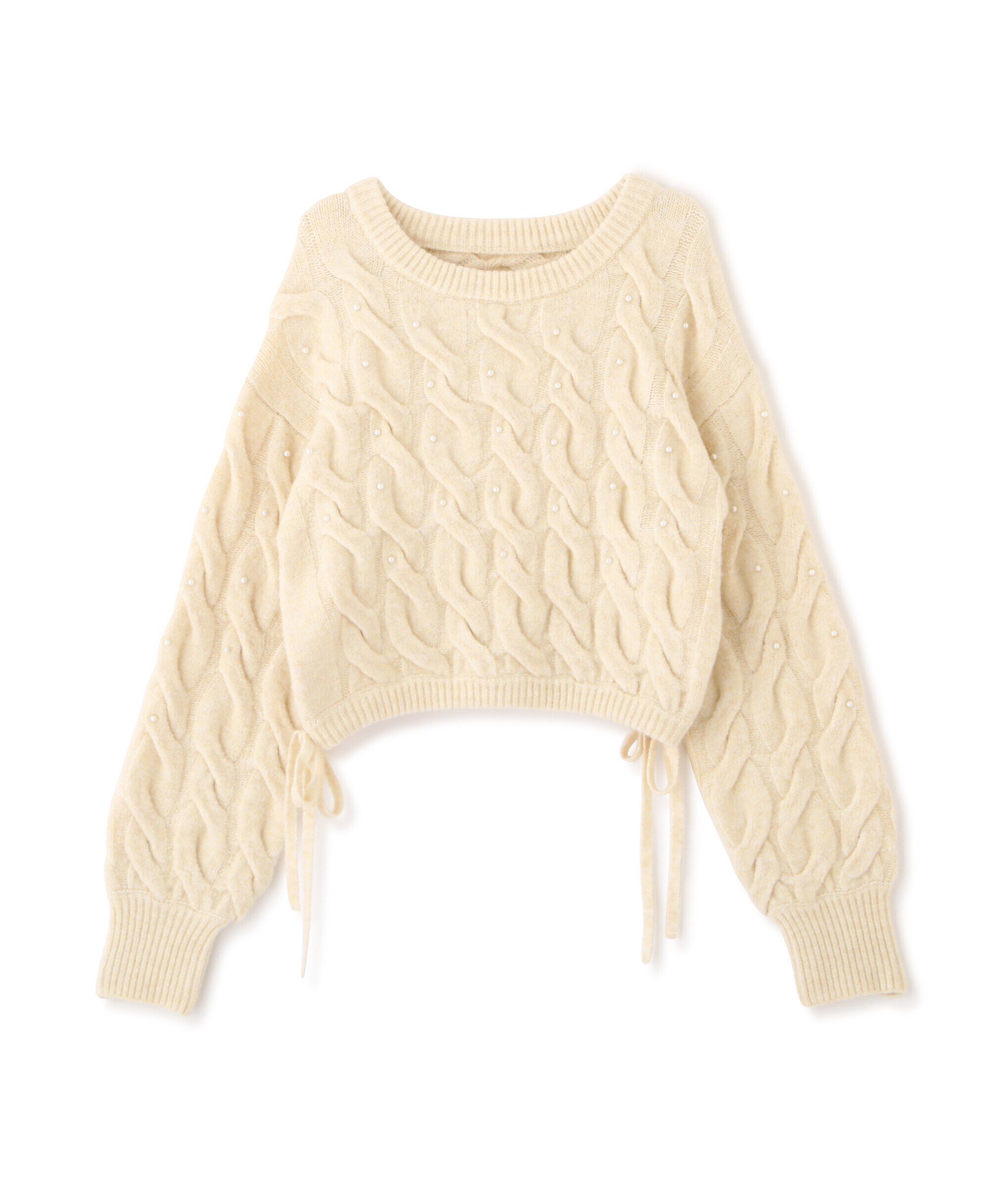  「ウエストゴムパールミックスケーブルドロストニット」|ニット・セーター|