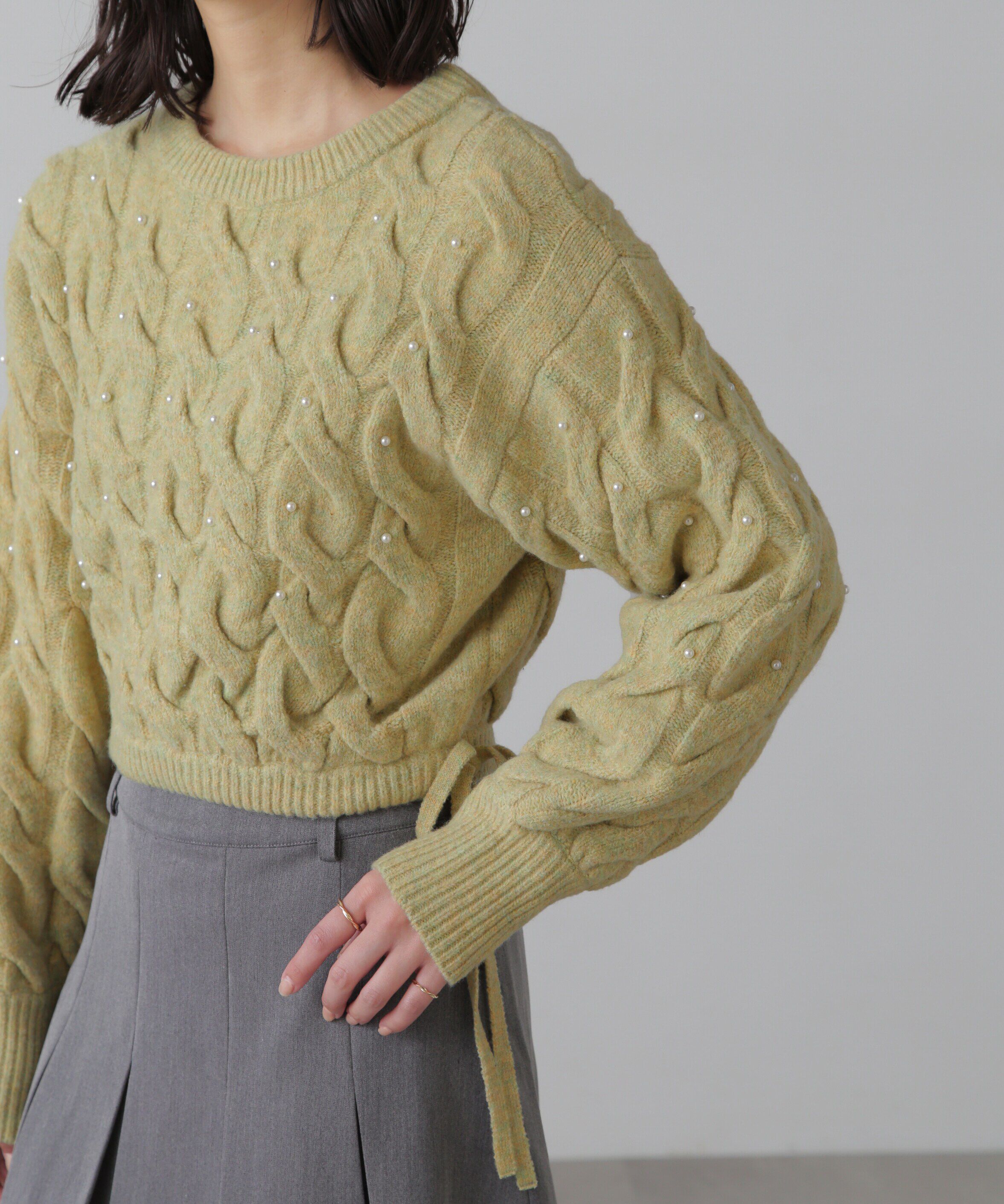  「ウエストゴムパールミックスケーブルドロストニット」|ニット・セーター|